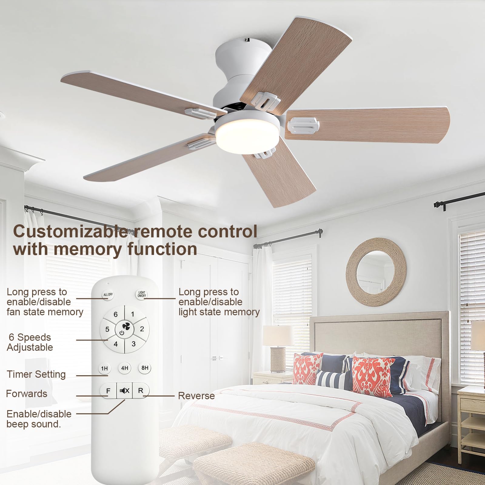 42 Inch Low Profile Flush Mount Ceiling Fan with Light and Remote - 5 Blade White Modern Ceiling Fan with 3CCT LED Light, Quiet Strong Motor - Perfect for Bedroom, Living Room, Kitchen and Office Spaces