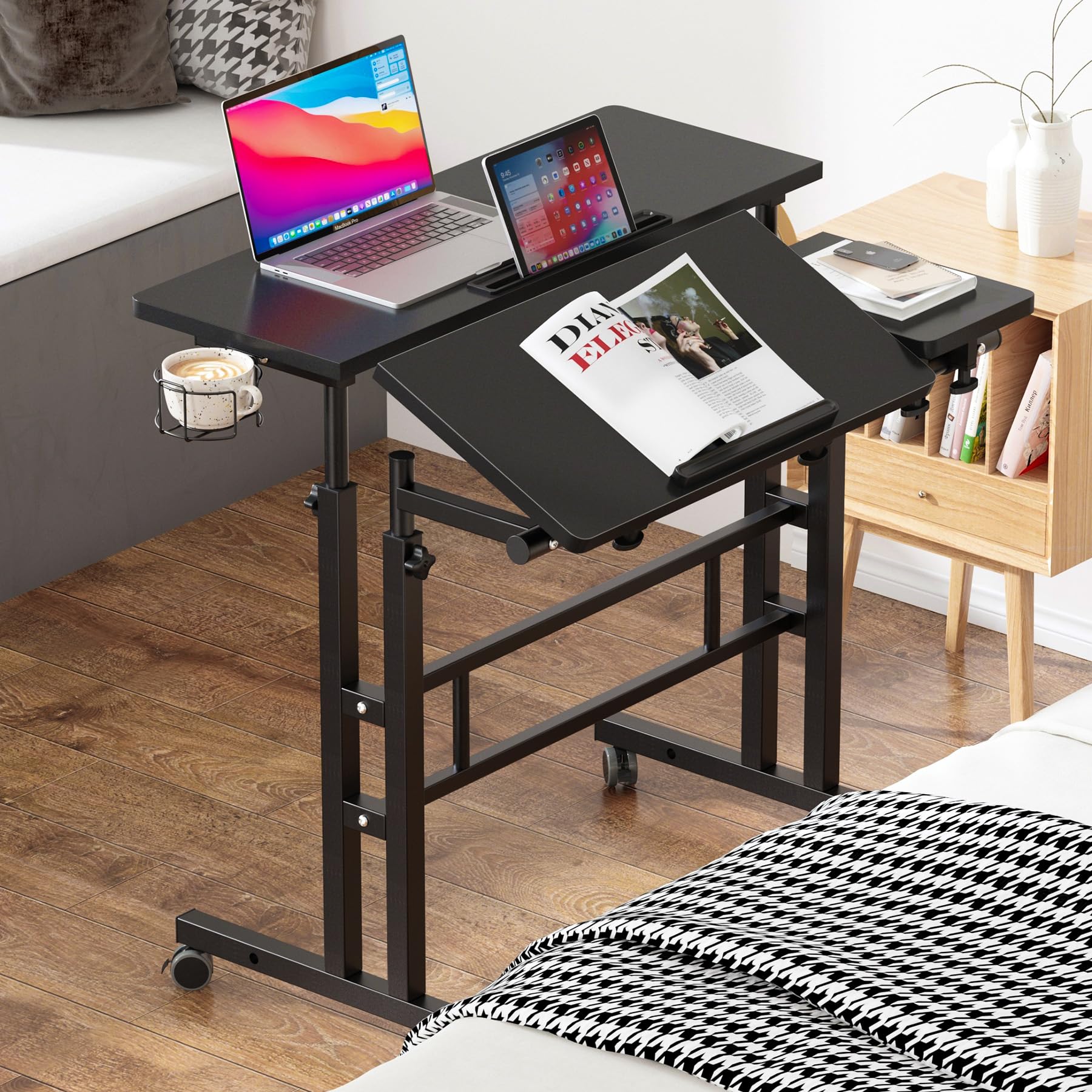 SogesPower Adjustable Laptop Stand for Bed & Sofa - 2-Tier Mobile Standing Desk with Cup Holder & Hooks - Portable Computer Table for Home Office, Dorm Room & Small Spaces (Black)