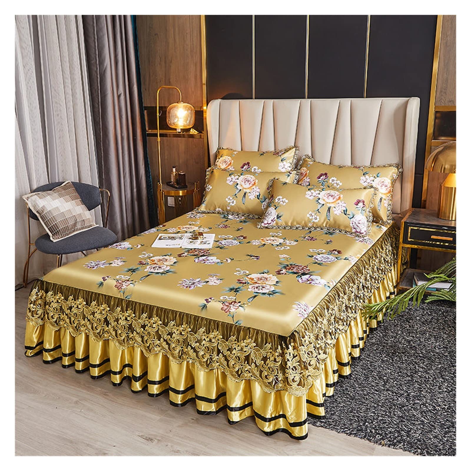 Premium Ice Silk Bed Linens Set - Lace Embroidered Scenic Bedspread with Folding Cool Mat (200x220cm) - Breathable Summer Bedding for Hot Sleepers & Guest Room Decor