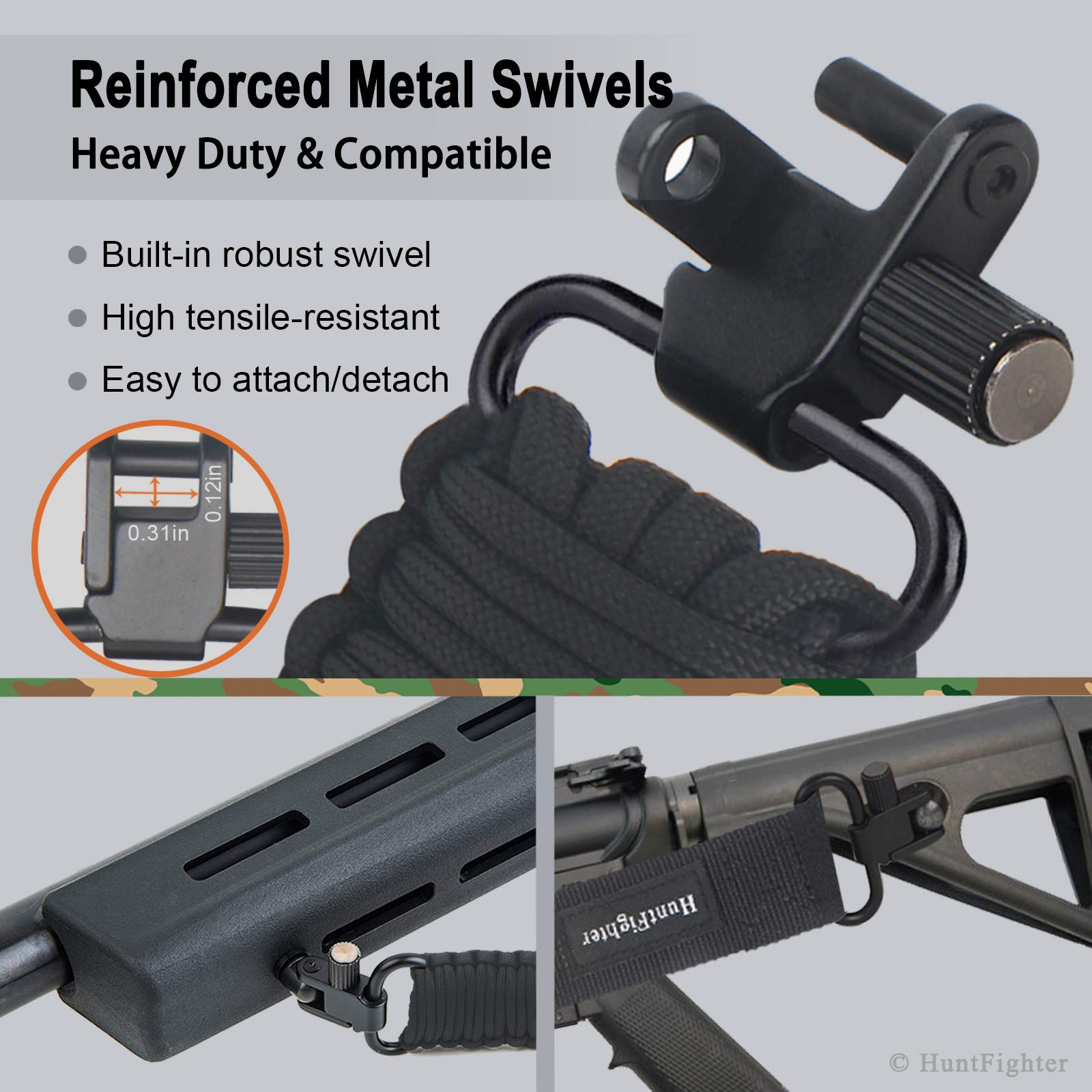HuntFighter Adjustable 2-Point Rifle Sling with Swivels - 550 Paracord Gun Sling for Hunting, Tactical & Outdoor Use - Quick Length Adjustment - Durable Black Shooting Accessory - Perfect for Hunting, Range Training & Field Operations