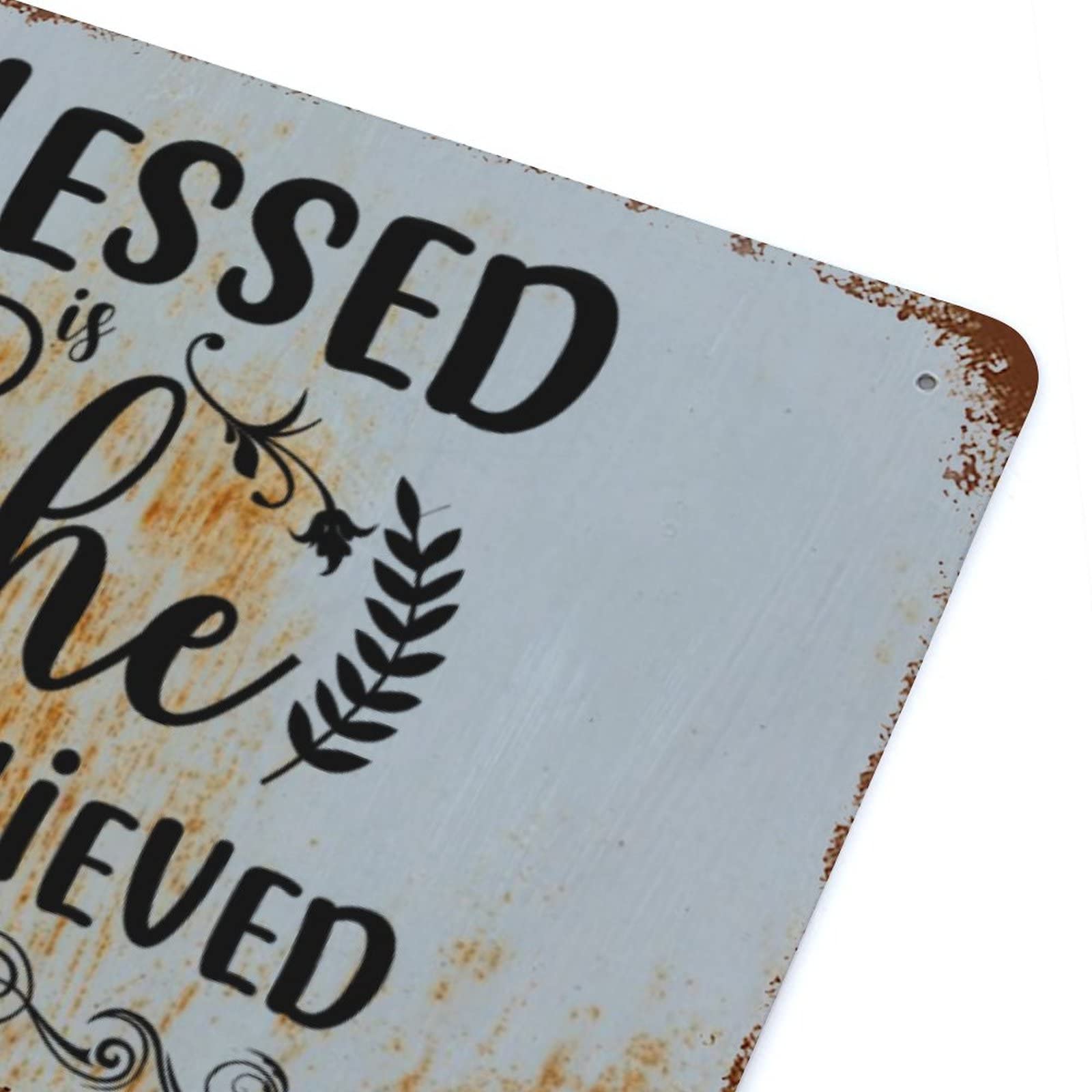 Blessed is She Who Believed Metal Sign - Bible Verse Wall Art Plaque with Christian Religious Quotes - Jesus Home Decor for Living Room, Bedroom, Porch - Perfect Housewarming Gift for Women