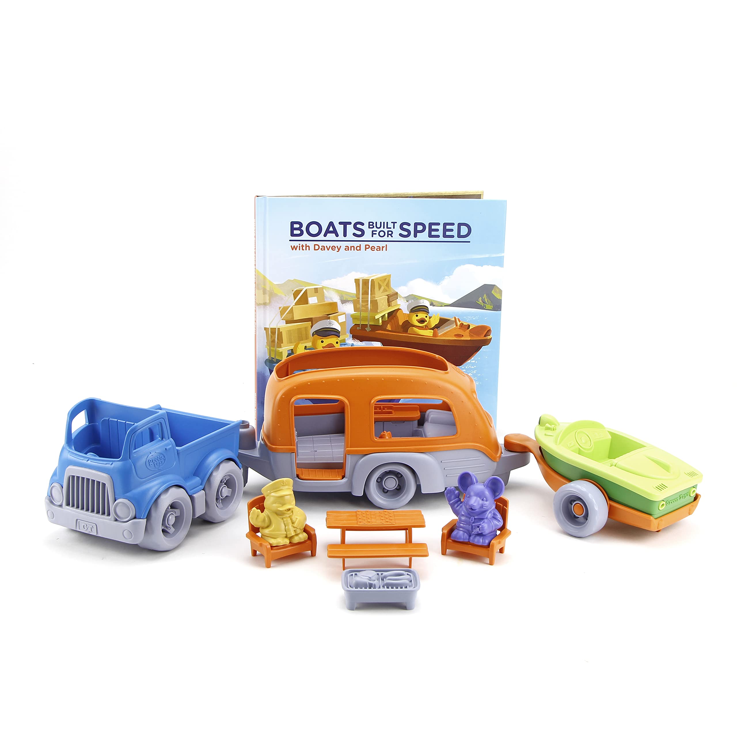 Green Toys RV Camper Playset & Speed Boats - Eco-Friendly Toy Vehicles for Kids | Pretend Play, Bath Time Fun & Storybook Adventures