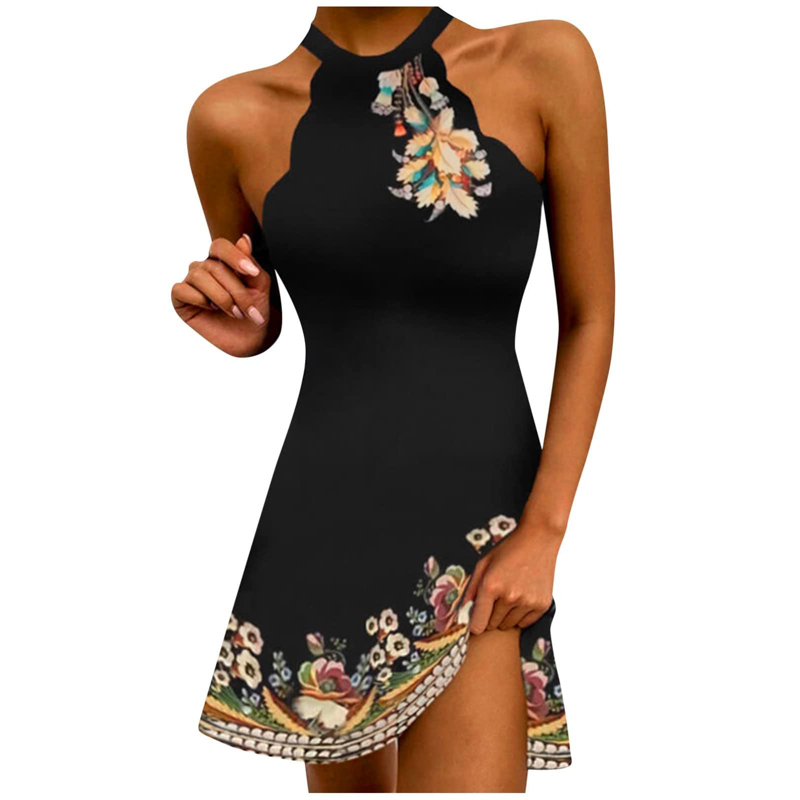 Elegant Floral Summer Dresses for Women 2023 - Sleeveless Round Neck Halter Dress | Perfect for Beach Vacations, Garden Parties & Casual Outings