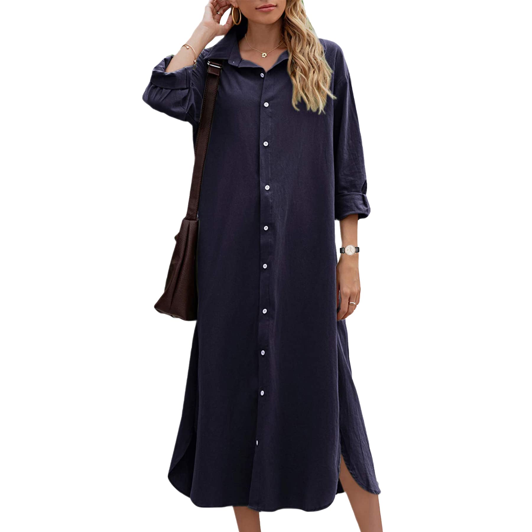 WERLIKE Women's Cotton Linen Lapel Shirt Dress - Long Sleeve Button Down T-Shirt Dress for Casual Wear | Perfect for Office, Date Night & Summer Outings