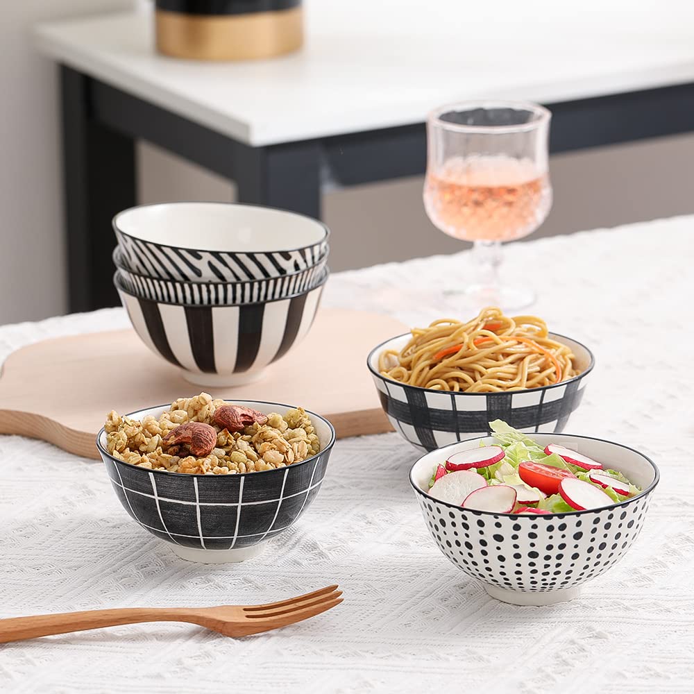 Premium Porcelain Dessert Bowls Set of 6 - 10 oz Ceramic Ice Cream Bowls for Rice, Soup, Snacks & Side Dishes - Japanese Style Black and White Small Bowls (4.75 Inch) - Microwave & Dishwasher Safe - Perfect for Home Dining, Party Serving & Restaurant Use