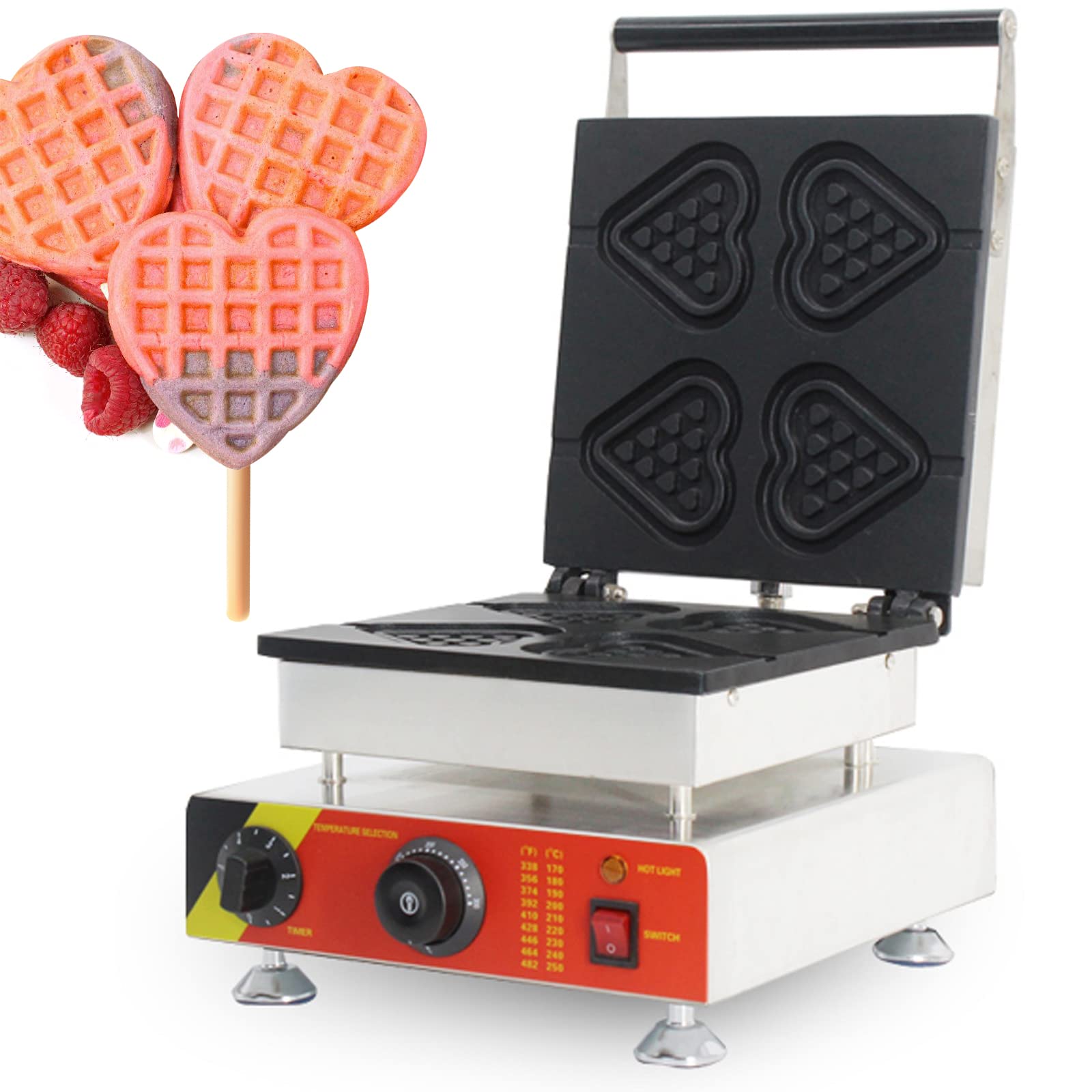 Commercial Belgian Waffle Stick Maker - 4 Heart Shape Non-Stick Waffle Iron with Cool Touch Handle, 1500W 220V for Bakeries, Restaurants & Snack Bars - Perfect for Breakfast, Desserts & Food Business