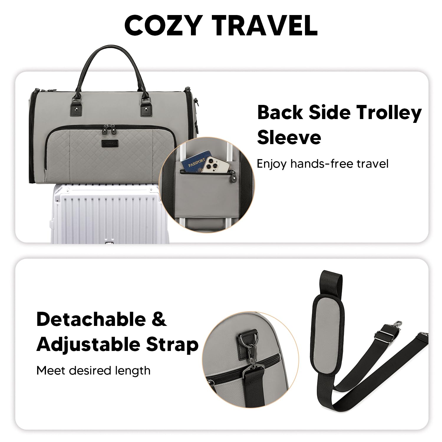 Convertible Travel Garment Bag for Women - 2-in-1 Carry On Duffle with Shoe Compartment & Detachable Shoulder Strap (Grey) | Perfect for Business Trips, Weddings & Airplane Travel