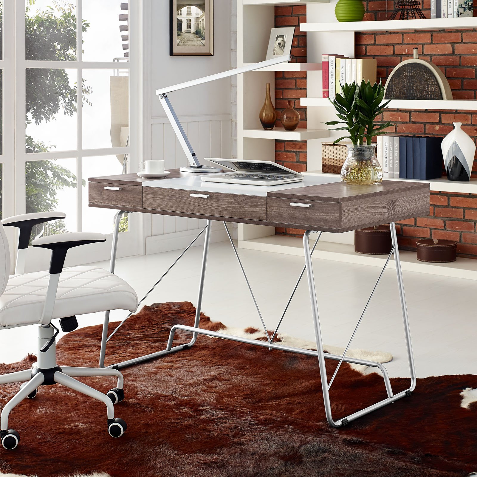Modway Birch Wood Office Desk with Storage Drawers - Modern Writing Desk for Home Office, Study & Workspace Organization