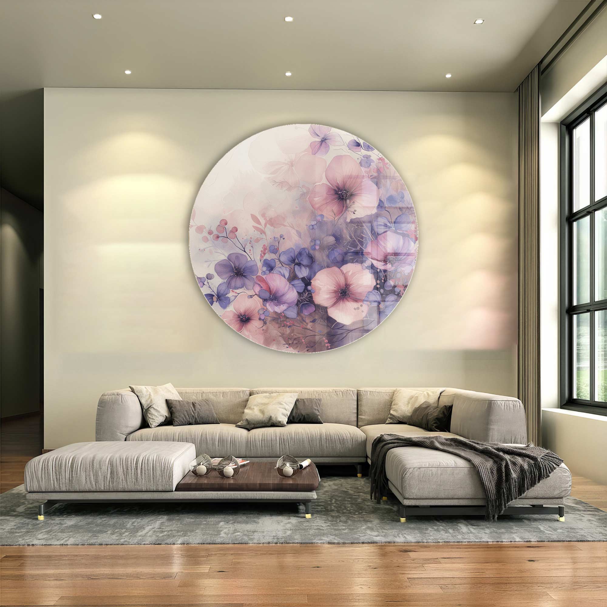 Whispers of Bloom Round Glass Wall Art - Elegant Home Decor for Living Room, Bedroom & Office