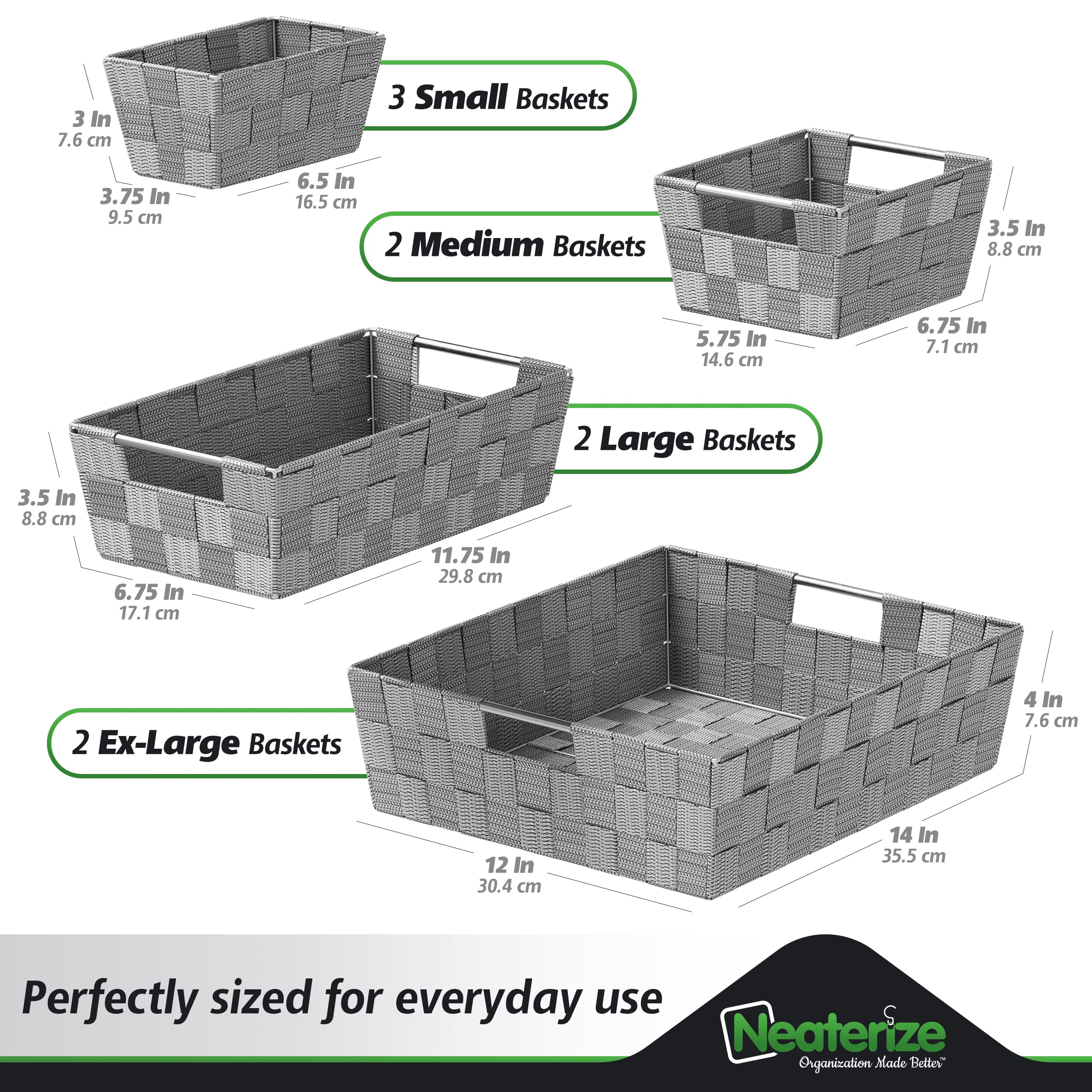9-Piece Dark Grey Storage Basket Set - Organizing Bins for Shelves, Closet, Bathroom & Pantry - Small Decorative Storage Baskets for Home Organization - Perfect for Bedroom, Laundry Room & Office