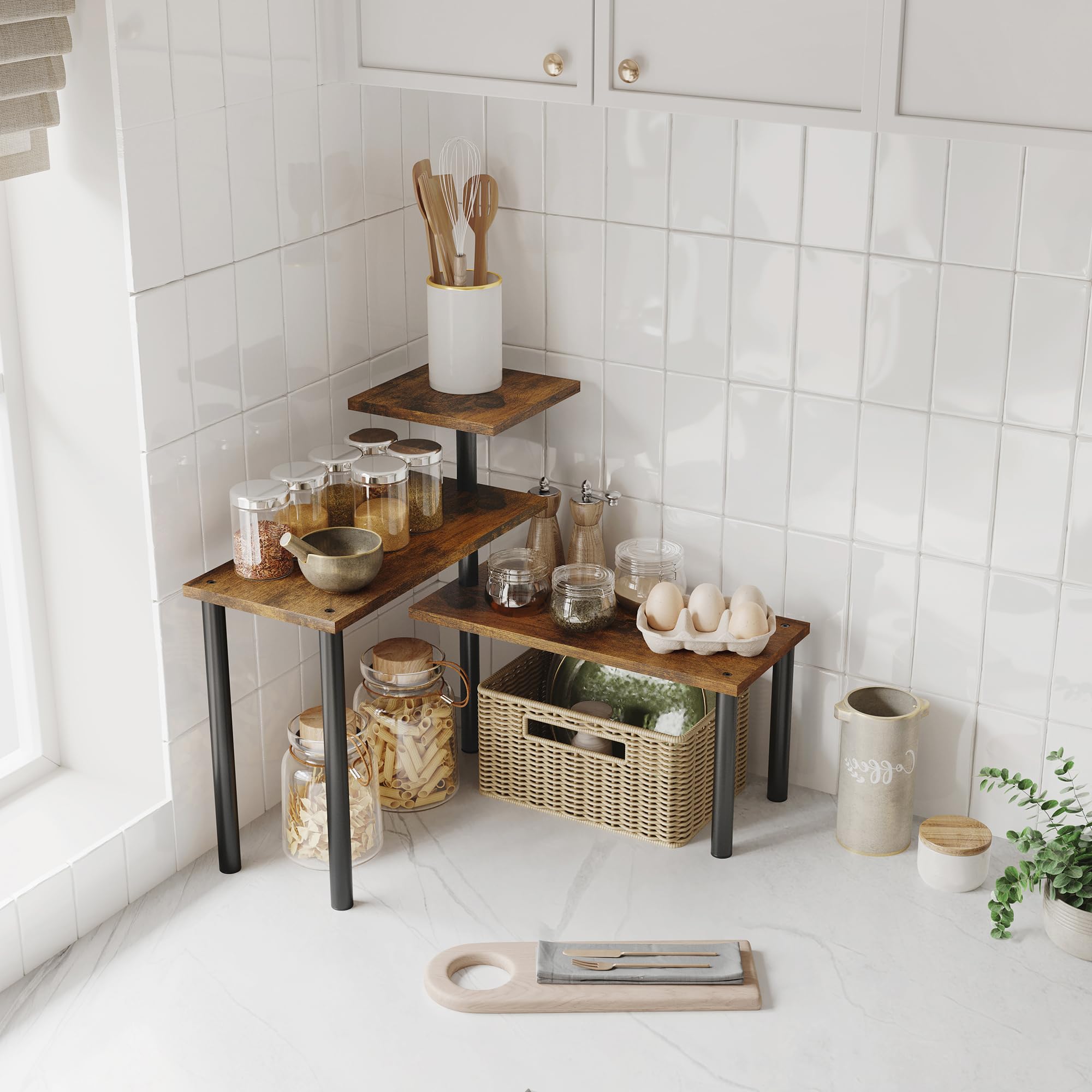 3-Tier Rustic Brown Countertop Organizer Corner Shelf - Adjustable Kitchen & Bathroom Storage for Spices, Coffee, Over Sink - Perfect for Small Space Organization in Pantry, Vanity & Dressing Tables