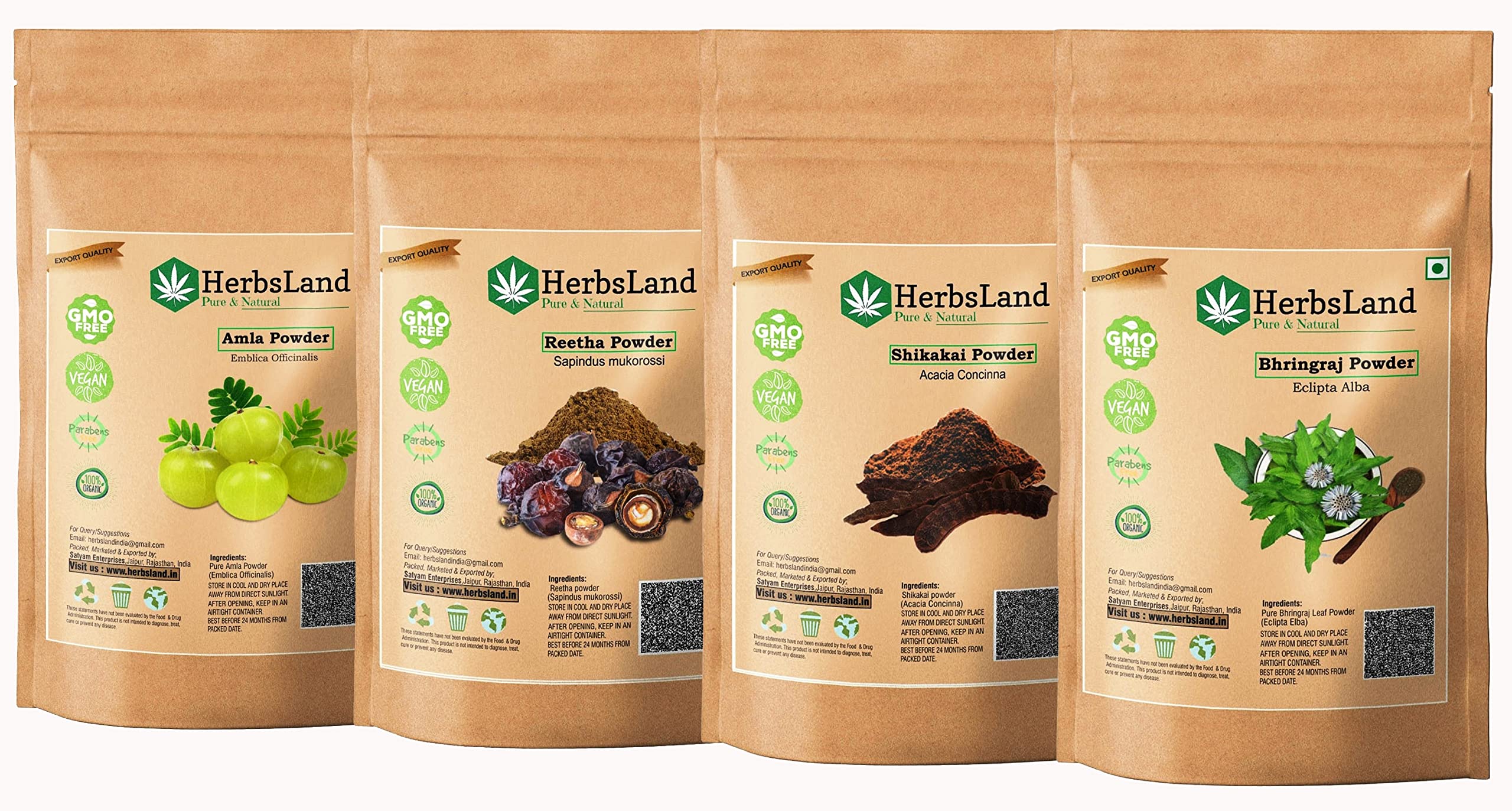 HerbsLand® Pure Bio Organic Amla Reetha Shikakai Bhringraj Powder - Natural Hair Growth Treatment for Shiny Locks, Anti-Dandruff & Scalp Care | Chemical-Free Face & Skin Cleanser | Ayurvedic Herbal Shampoo & Conditioner (125g/500g) - Perfect for Daily Hair Wash & Holistic Beauty Routine
