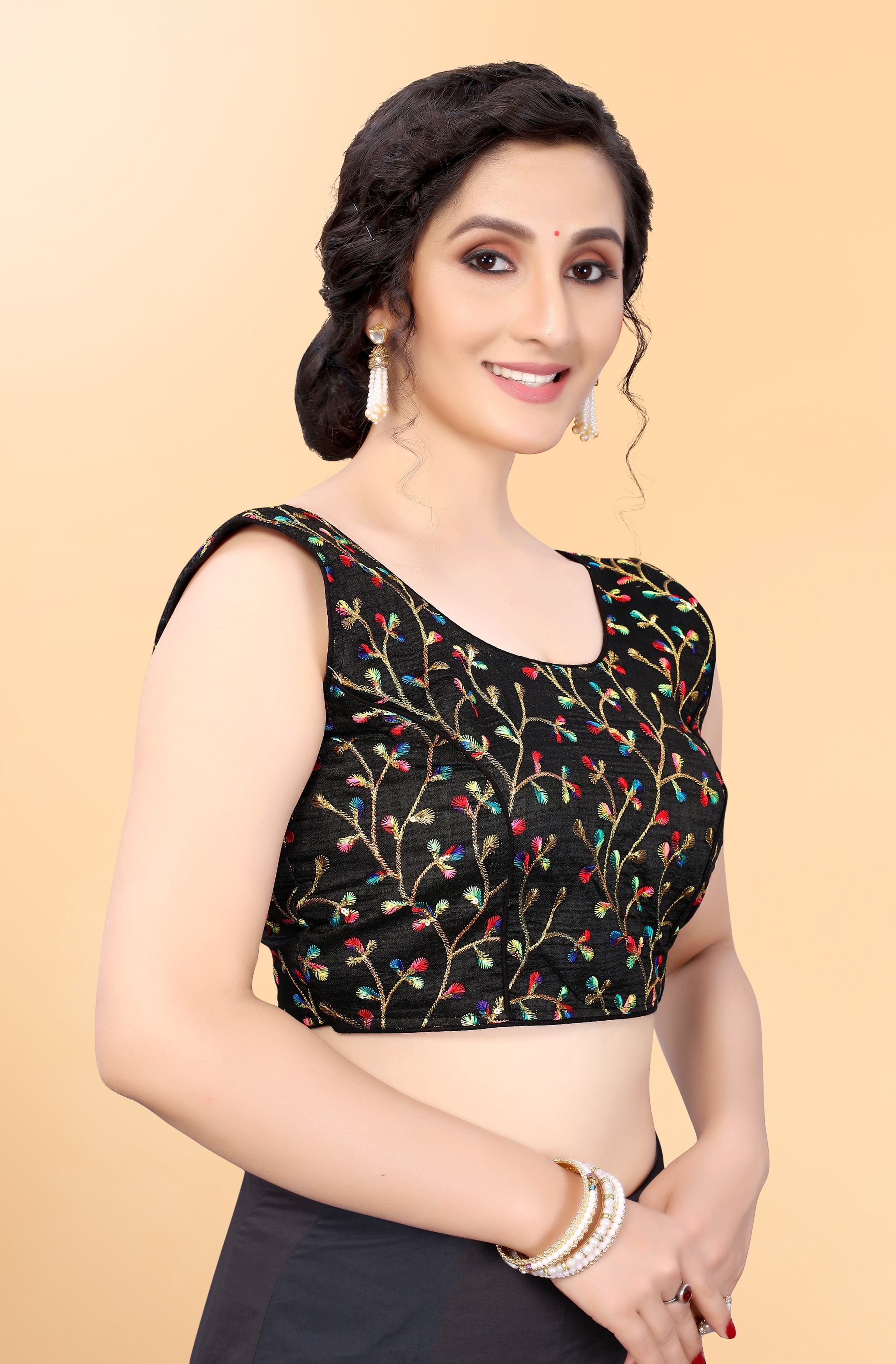 Elegant Black & Multicolor Embroidered Silk Blouse - Design 465 | Perfect for Parties, Weddings & Special Occasions