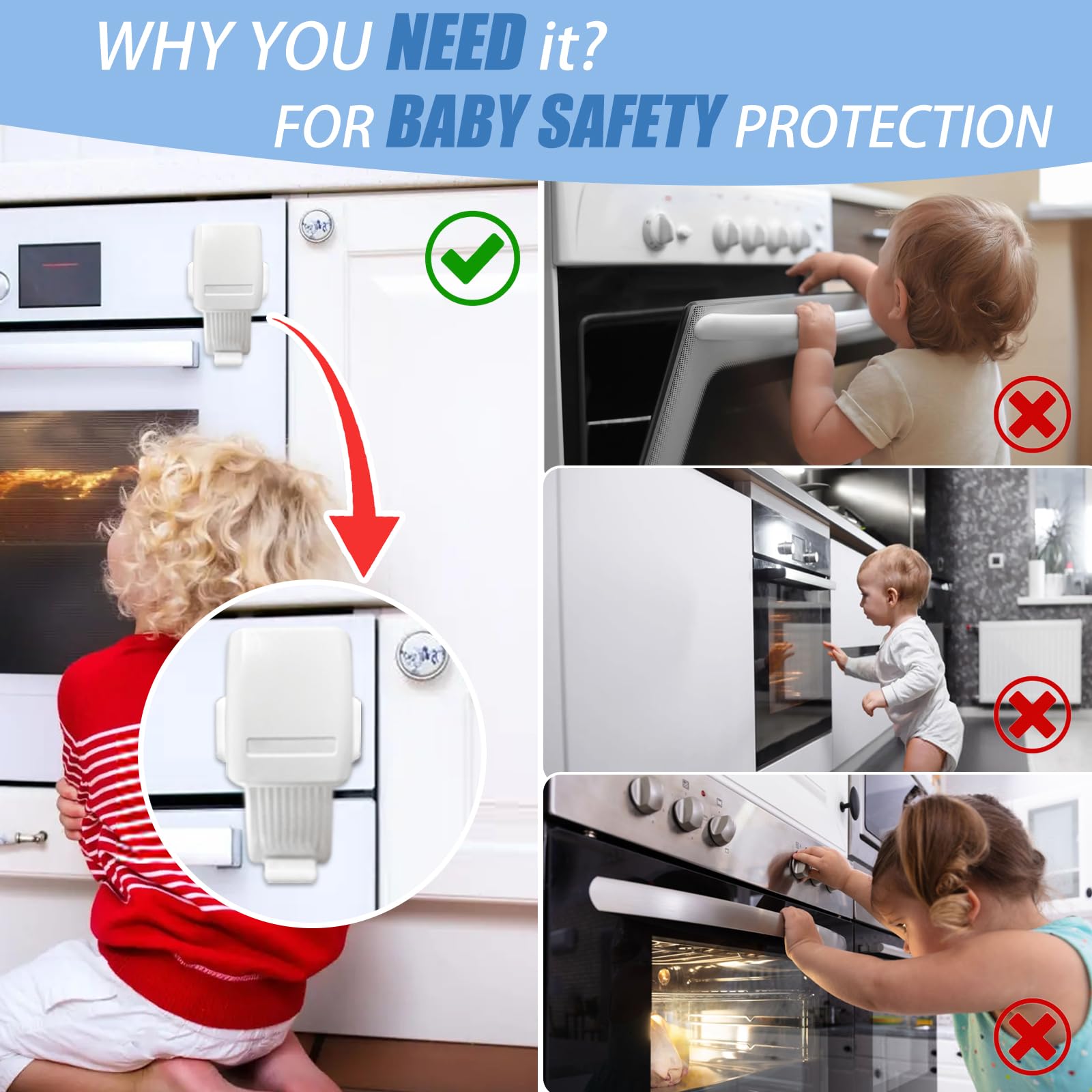 2Pcs Childproof Oven Door Lock - No Drill Installation, Heat-Resistant & Durable Safety Latch for Stove Front (White) | Perfect for Baby Proofing Kitchen & Preventing Toddler Burns