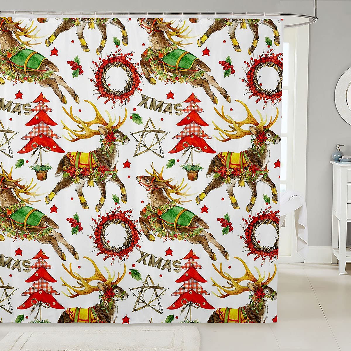 Christmas Elk Deer Shower Curtain - Waterproof Xmas Bathroom Decor for Kids Boys Girls (72