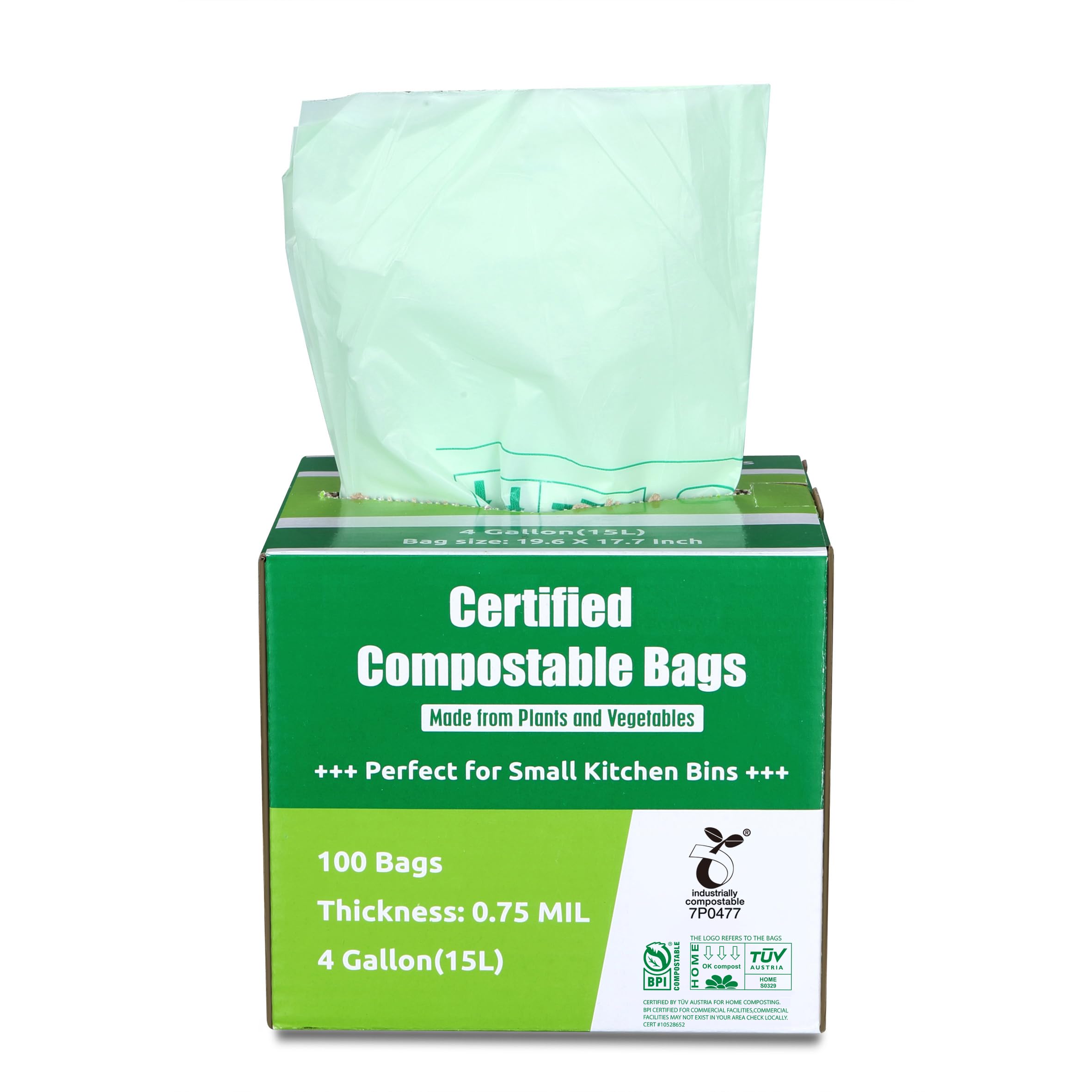 Primode Certified Compostable Trash Bags - 4 Gallon Extra Thick 0.71 Mil Kitchen Compost Bags for Food Scraps & Yard Waste | BPI & TÜV AUSTRIA Certified (ASTMD6400) | Perfect for Small Kitchen Bins, Organic Waste Collection & Eco-Friendly Composting