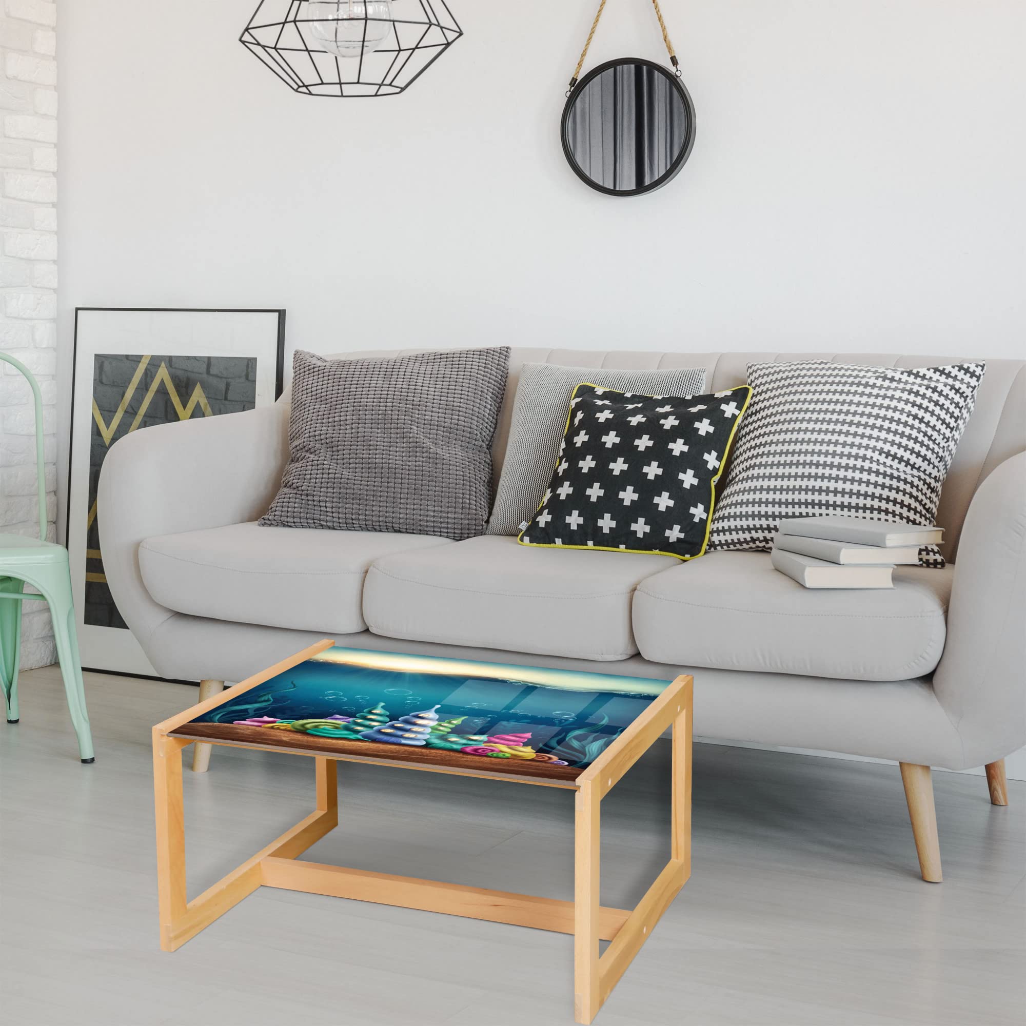 Ambesonne Ocean Themed Coffee Table - Underwater Fantasy Kingdom with Shell Houses & Water Bubbles Cartoon Print, Acrylic Glass Top with Wooden Frame, Small Teal Brown - Perfect for Offices, Dorms, Living Rooms & Coastal Decor