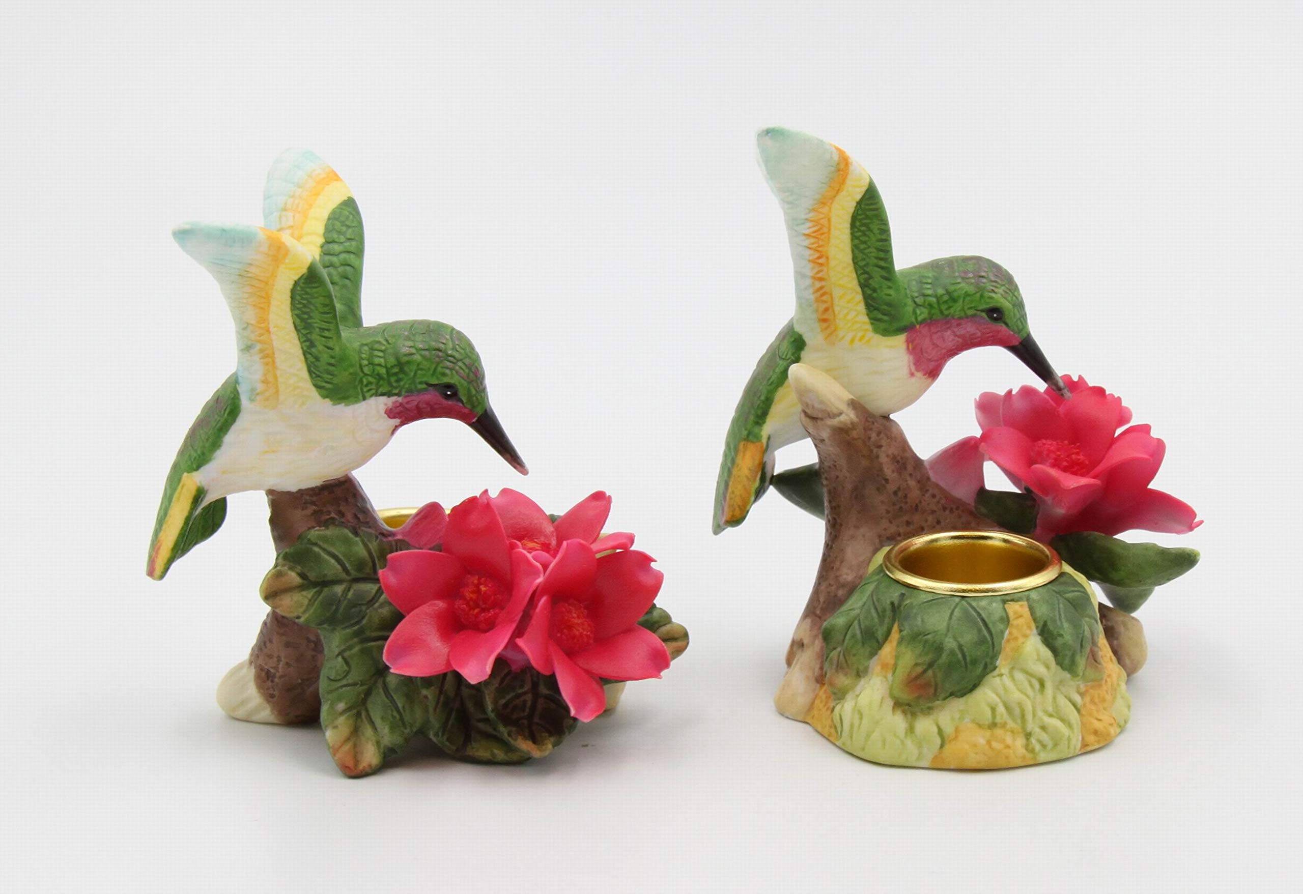 Elegant Fine Porcelain Hummingbird & Red Malus Flower Taper Candle Holders - Set of 2 (3.5