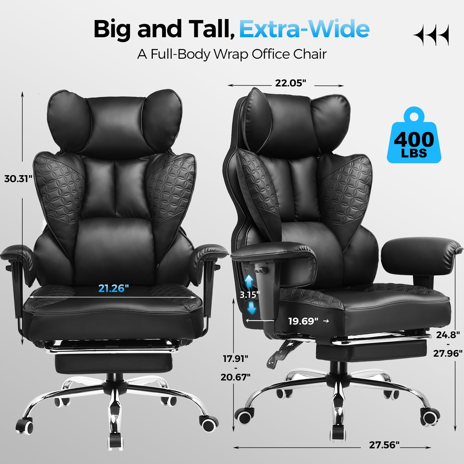 Premium Big and Tall Office Chair 400LBS Capacity - Ergonomic Gaming Chair with Adjustable Armrests, 150° Reclining, Foot Rest & Lumbar Support - Heavy Duty Executive Chair for Home Office, Gaming Setup and Workspace Comfort