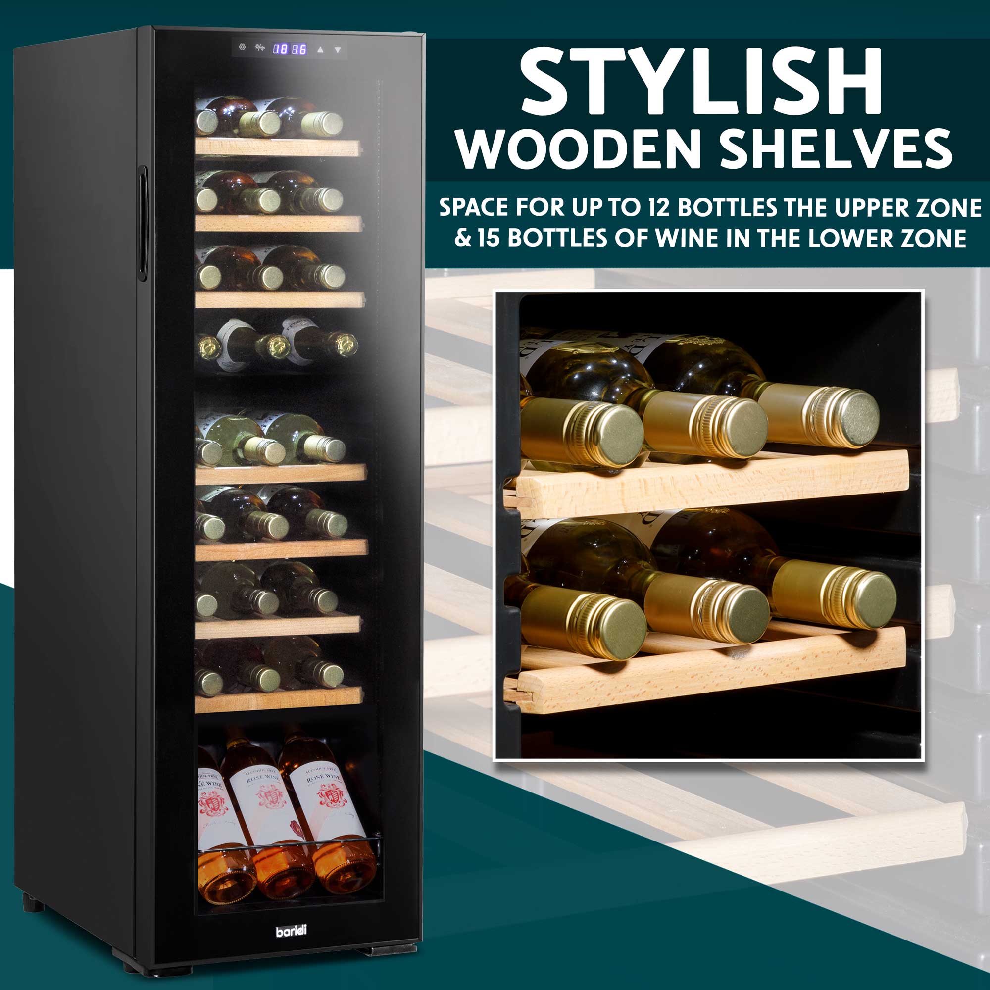 Baridi 27 Bottle Dual Zone Wine Cooler Refrigerator - Touch Screen Control, Adjustable Wooden Shelves, LED Lighting - Perfect for Home Bars, Restaurants, and Wine Cellars