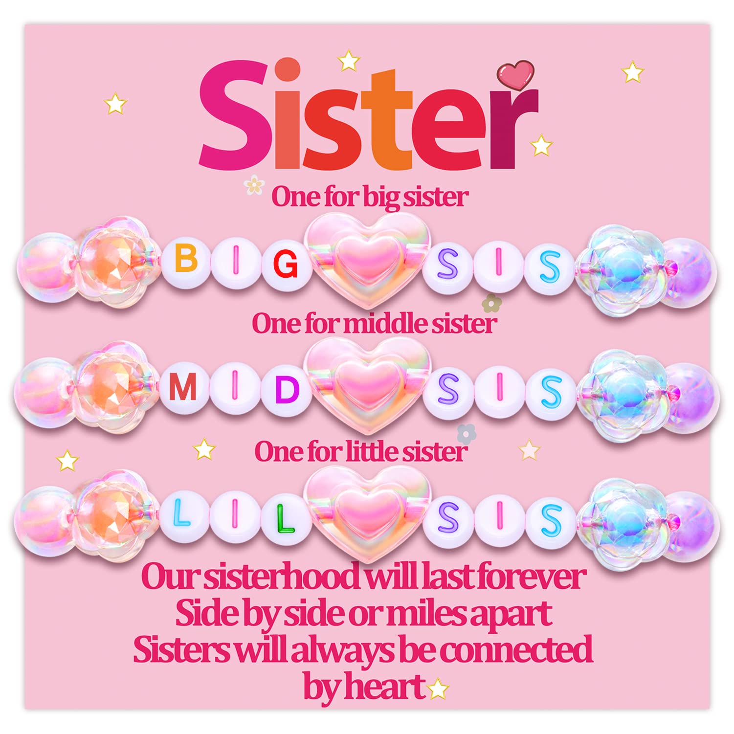 Big Sister Little Sister Matching Bracelet Set for 2 or 3 - Best Gifts for Twins, Daughters, Nieces & Granddaughters - Sweet Sister Jewelry for Christmas, Valentine's Day - Perfect for Sibling Bonding, Family Occasions & Special Moments