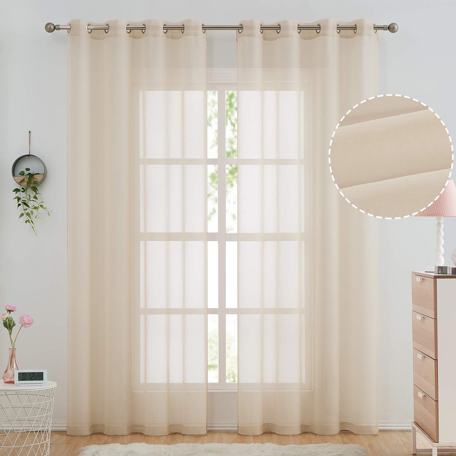 Semi Linen Look Sheer Curtains for Bedroom & Living Room - Light Filtering Voile Window Drapes with Grommet Top, Set of 2 Panels (52x72 Inches, Beige) - Perfect for Privacy, Sun Protection & Home Decor