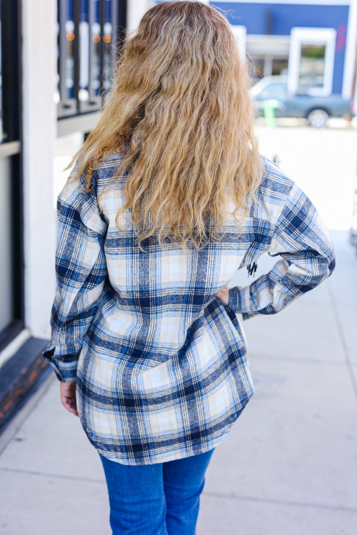 Boldly You Navy Plaid Fringe Button Down Shacket - Stylish Overshirt for Women | Fall & Winter Layering Essential | Perfect for Casual Outings, Workwear & Outdoor Adventures