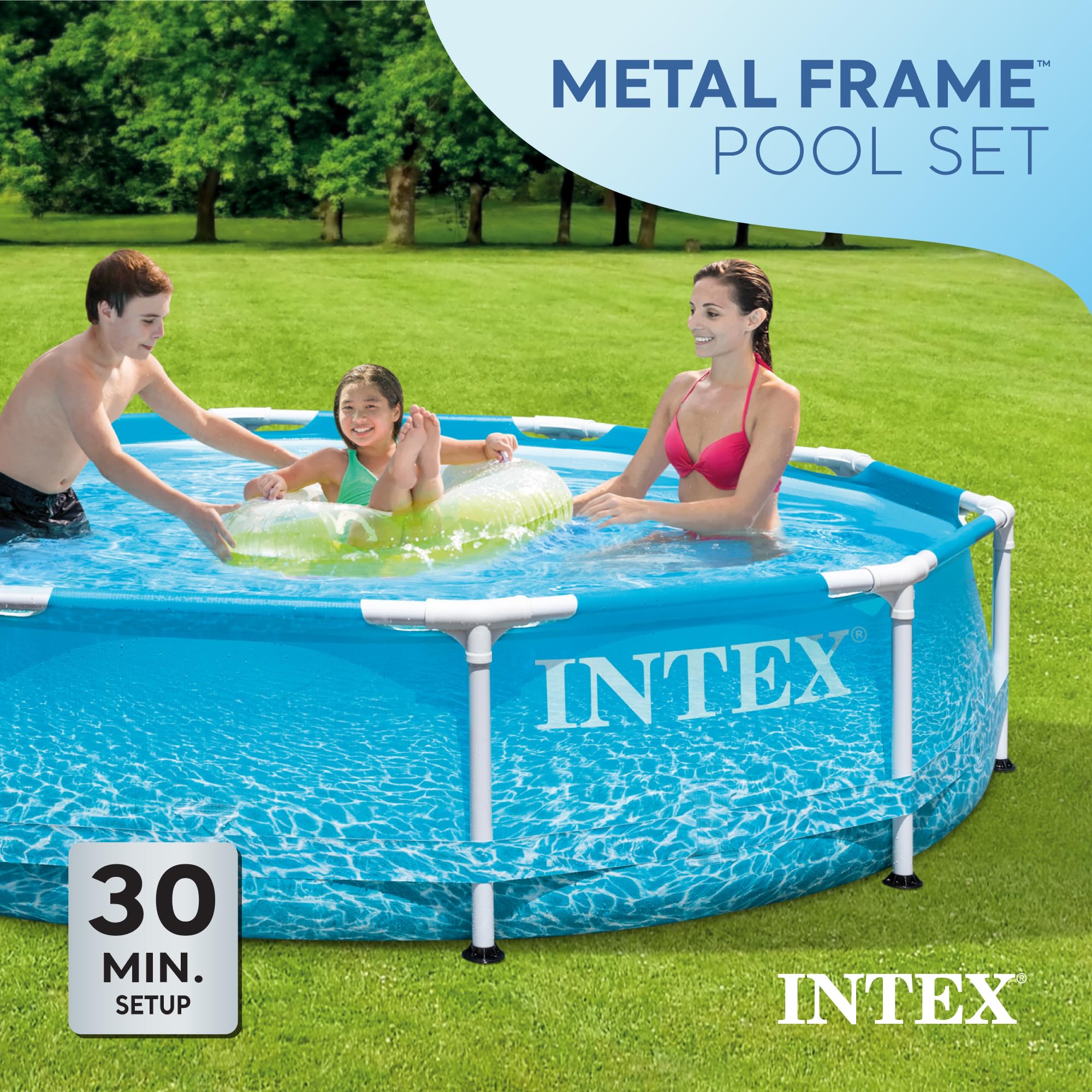 INTEX 28207EH 10ft x 30in Metal Frame Above Ground Swimming Pool Set with 330 GPH Cartridge Filter Pump - Durable Puncture & Rust Resistant - 1185 Gallon Capacity - Perfect for Backyard, Family Fun & Summer Relaxation