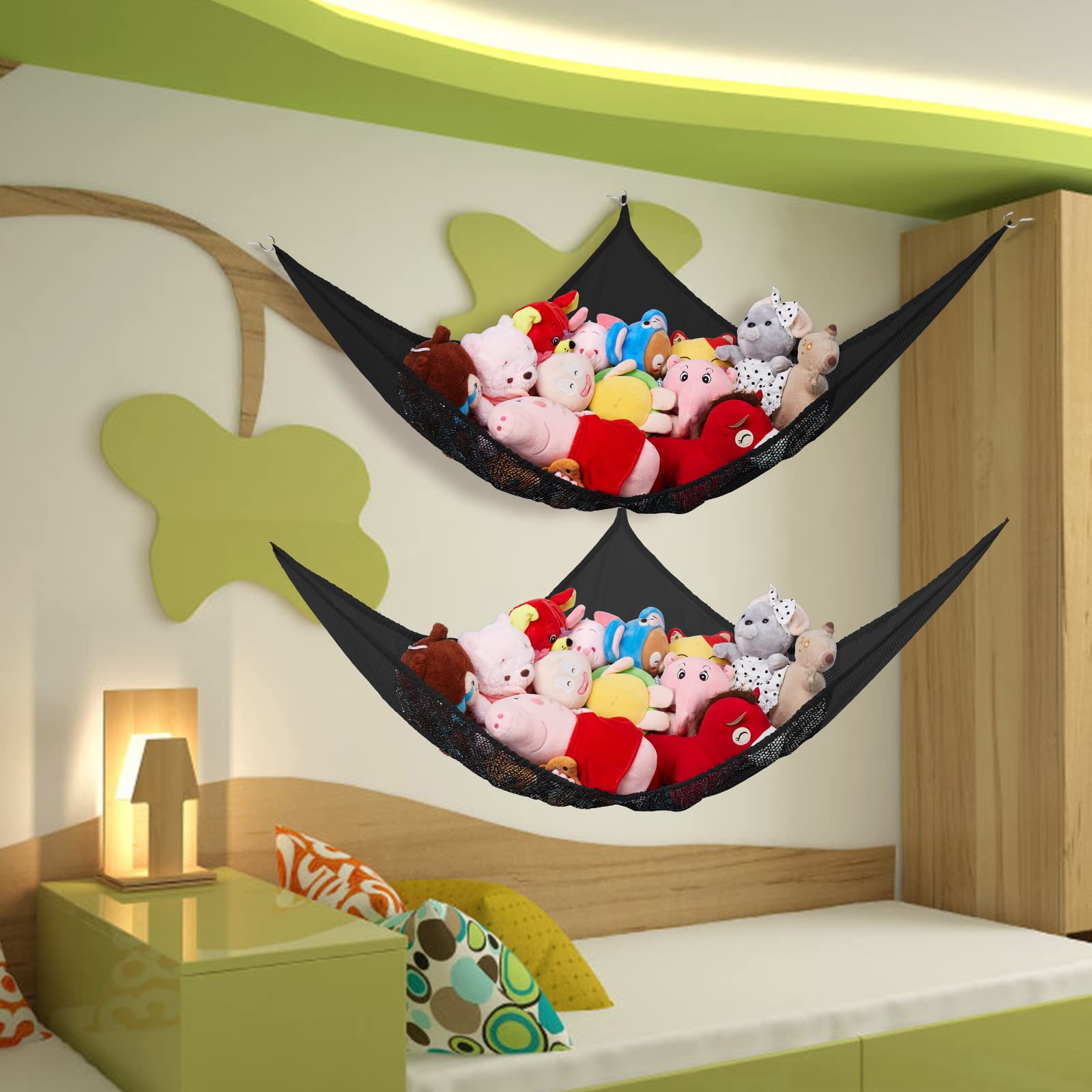 LXUNYI Extra Large Stuffed Animal Storage Net - 2 Pack Black Mesh Toy Hammock for Kids Room, Baby Nursery, Playroom & Bedroom Organizer - Perfect for Stuffed Animals, Plush Toys & Soft Toys Corner Wall Hanging Storage Solution