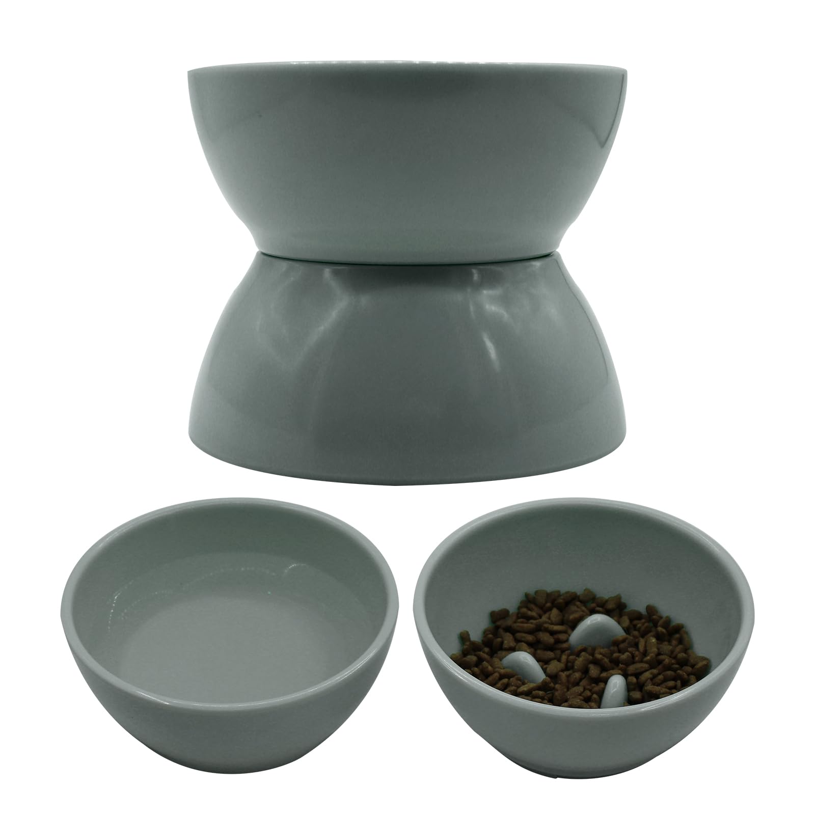 2 in 1 Elevated Cat Bowl with Slow Feeder - Anti Vomiting Detachable Pet Food & Water Dish - Raised Cat Feeder for Indoor Cats (Grey) - Perfect for Digestion & Mess-Free Feeding