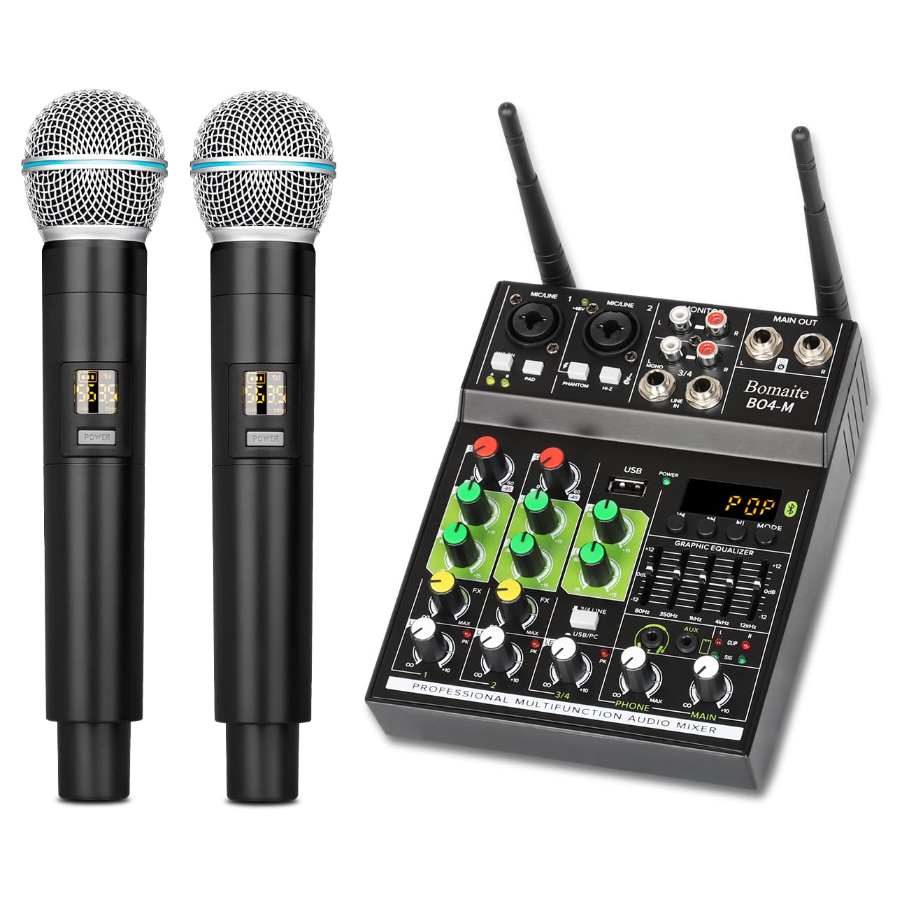 BO4-M Portable Karaoke Microphone Mixer System Set - 4 Channel Audio Mixer with Dual Wireless Mics, Bluetooth MP3 USB Connectivity for Smart TV, PC, KTV - Perfect for Home Theater, Parties & Professional Singing Performances
