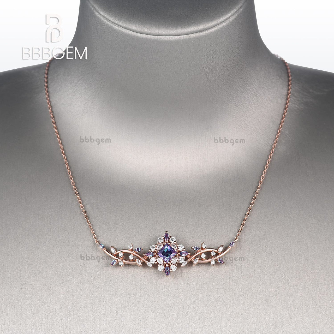 Exquisite Synthetic Alexandrite & Moissanite Princess Cluster Necklace | Elegant Women's Jewelry for Parties, Weddings & Special Occasions | Perfect Gift for Anniversary, Birthday & Evening Events