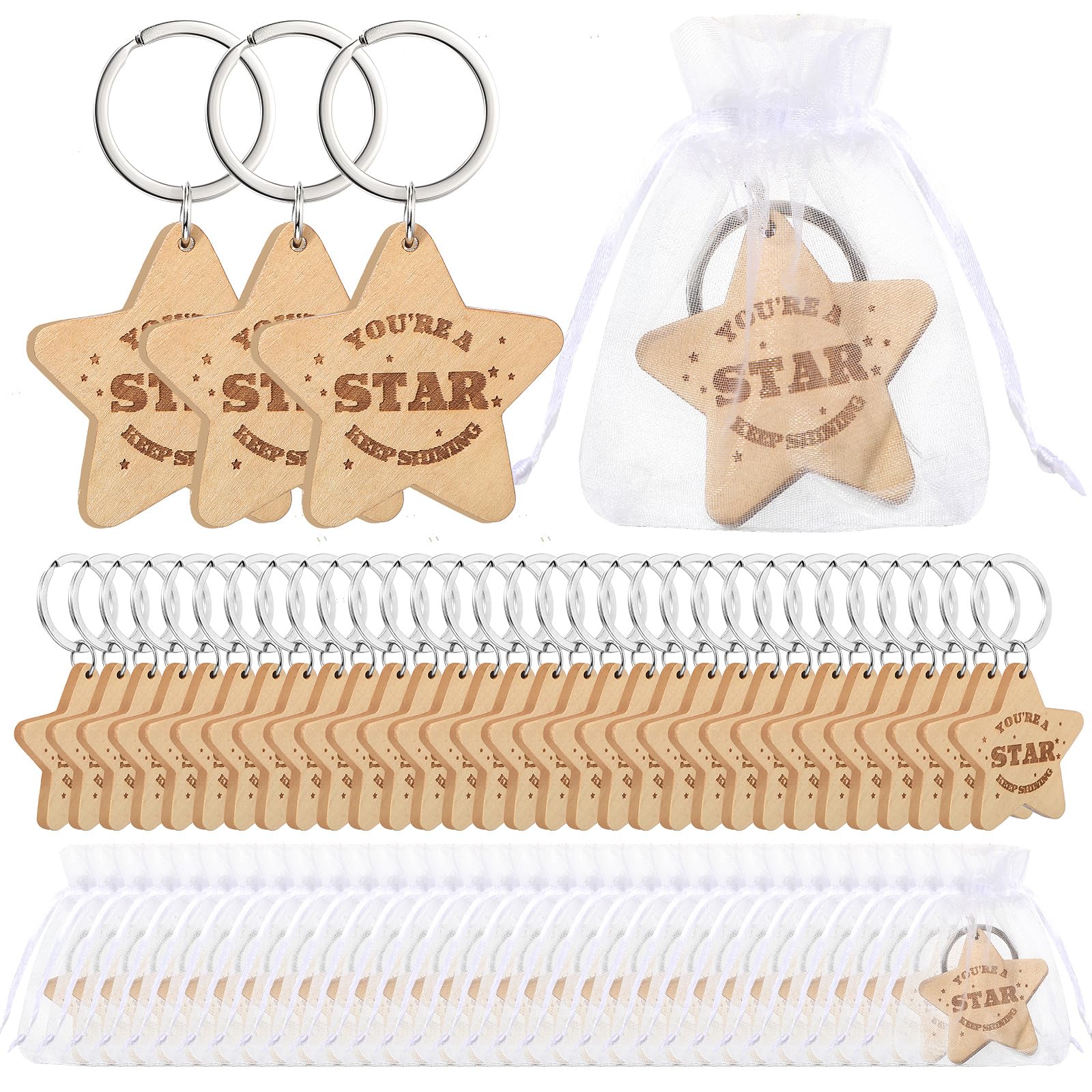 Roowest Star Keychains Bulk - Inspirational Wooden You're a Star Keychains with Organza Bags for Students, Teachers, School Gifts, and Motivational Rewards