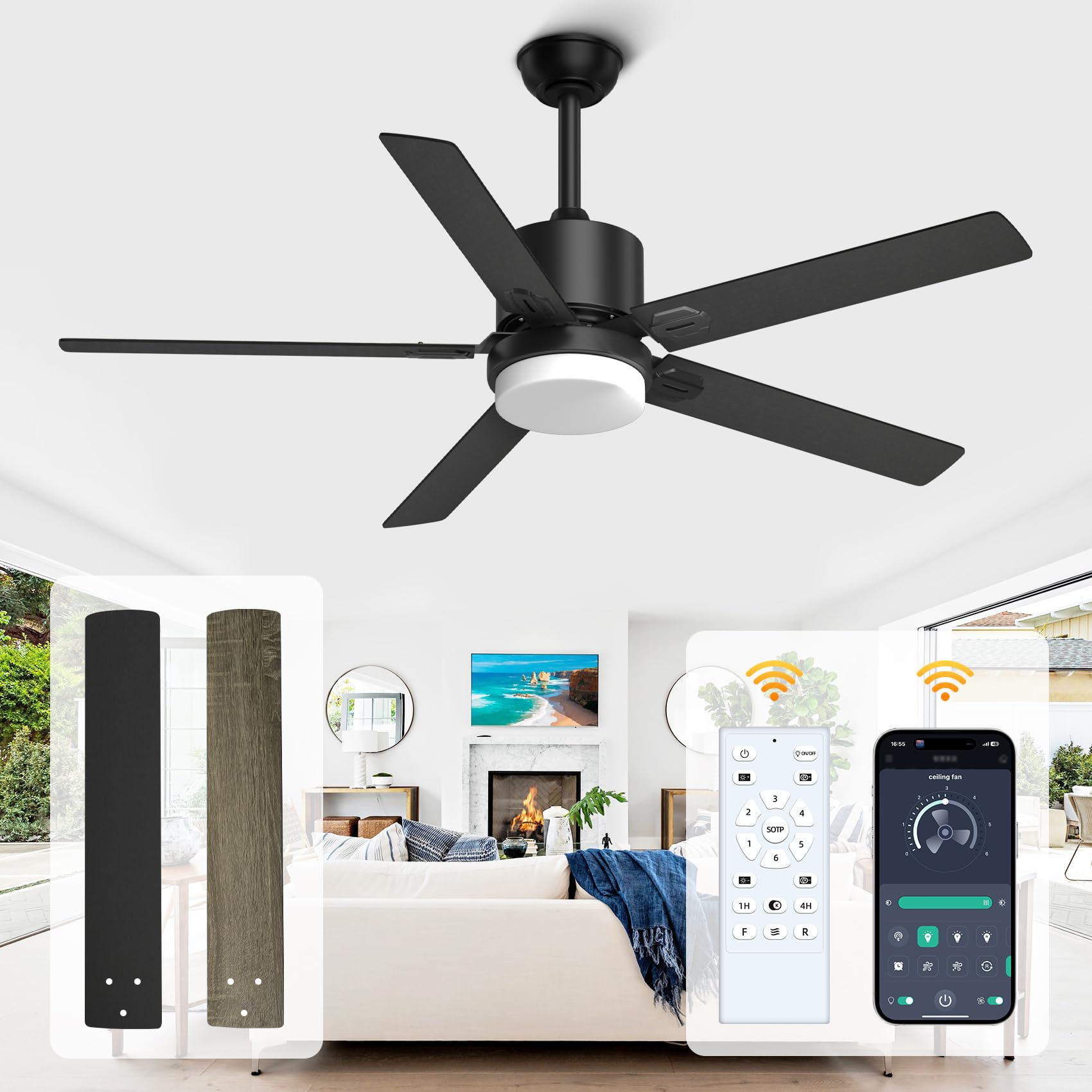 52 Inch Black Ceiling Fan with Lights - Smart Remote & APP Control, Modern Outdoor Ceiling Fan for Patio, Bedroom, Living Room - Perfect for Cooling & Decorating Your Home Spaces