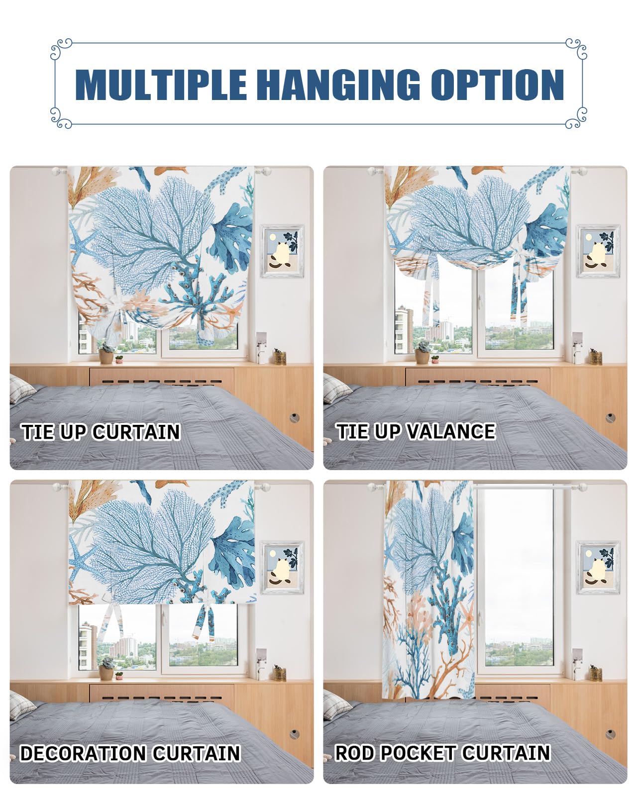 DecorLovee 63 Inch Sea Coral Tie Up Curtains - Adjustable Balloon Shades for Indoor Windows, Thermal Insulated Kitchen Drapes in Ocean Teal & Brown (42x63 Inch) | Perfect for Beach House Decor, Coastal Living Rooms & Summer Window Treatments
