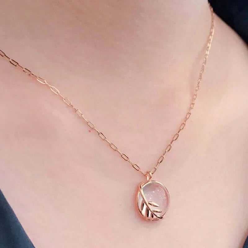 Blush Pink Rose Quartz Leaf Pendant Necklace - Elegant Healing Crystal Jewelry for Women | Perfect for Valentine's Day Gifts, Spiritual Healing & Everyday Wear | TB1082