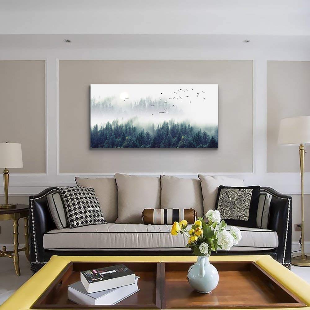 ZENDA Foggy Forest Wall Art - Mountain Landscape Painting with Birds - Framed Canvas Print for Living Room & Home Decor - Perfect for Nature Lovers & Cozy Spaces