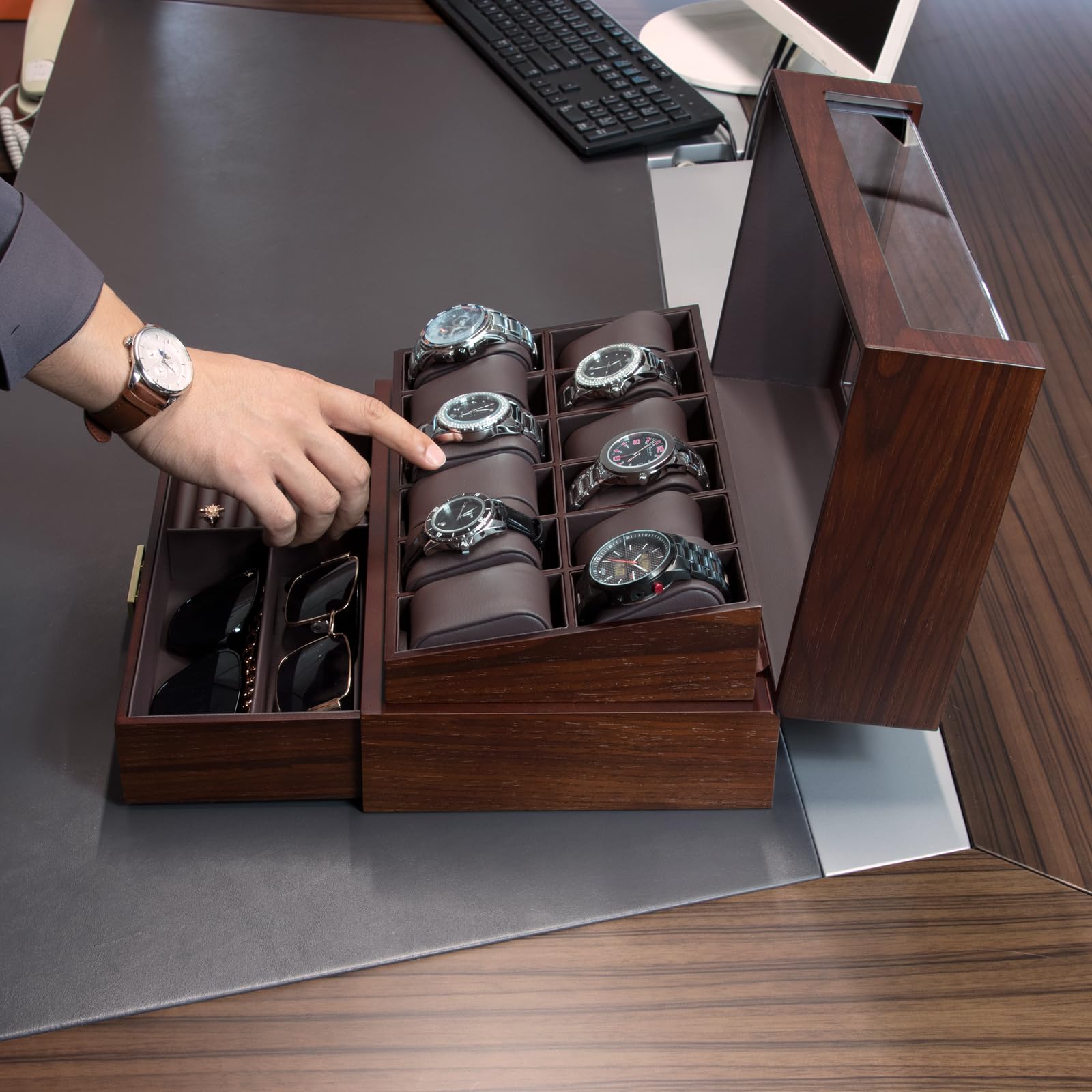 Luxury 12-Slot Wooden Watch Box with Glass Lid & Drawer - 2-Layer Watch Display Case for Men & Women - Premium Jewelry and Watch Storage Organizer - Perfect Gift for Watch Collectors (Ideal for Home, Office, or Travel Use)
