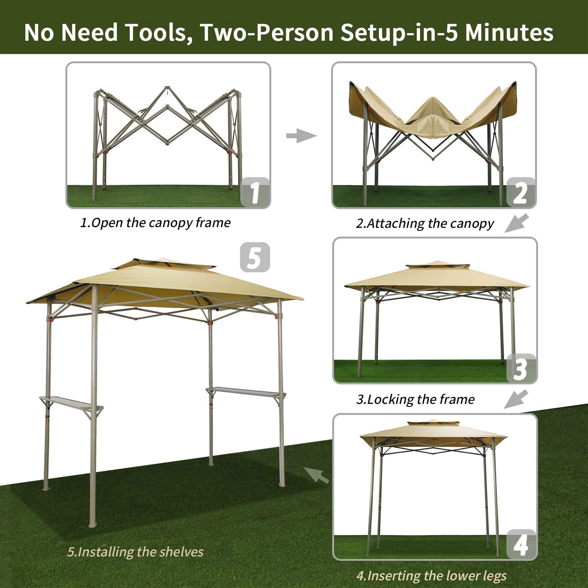 Crown Shades 8x5 Grill Gazebo - Pop Up Canopy Tent for BBQ, Backyard, Patio & Outdoor Events - Easy Setup Double Tier Vented Top with 2 Side Shelves - Beige - Perfect for Grilling, Picnics, Camping & Garden Parties