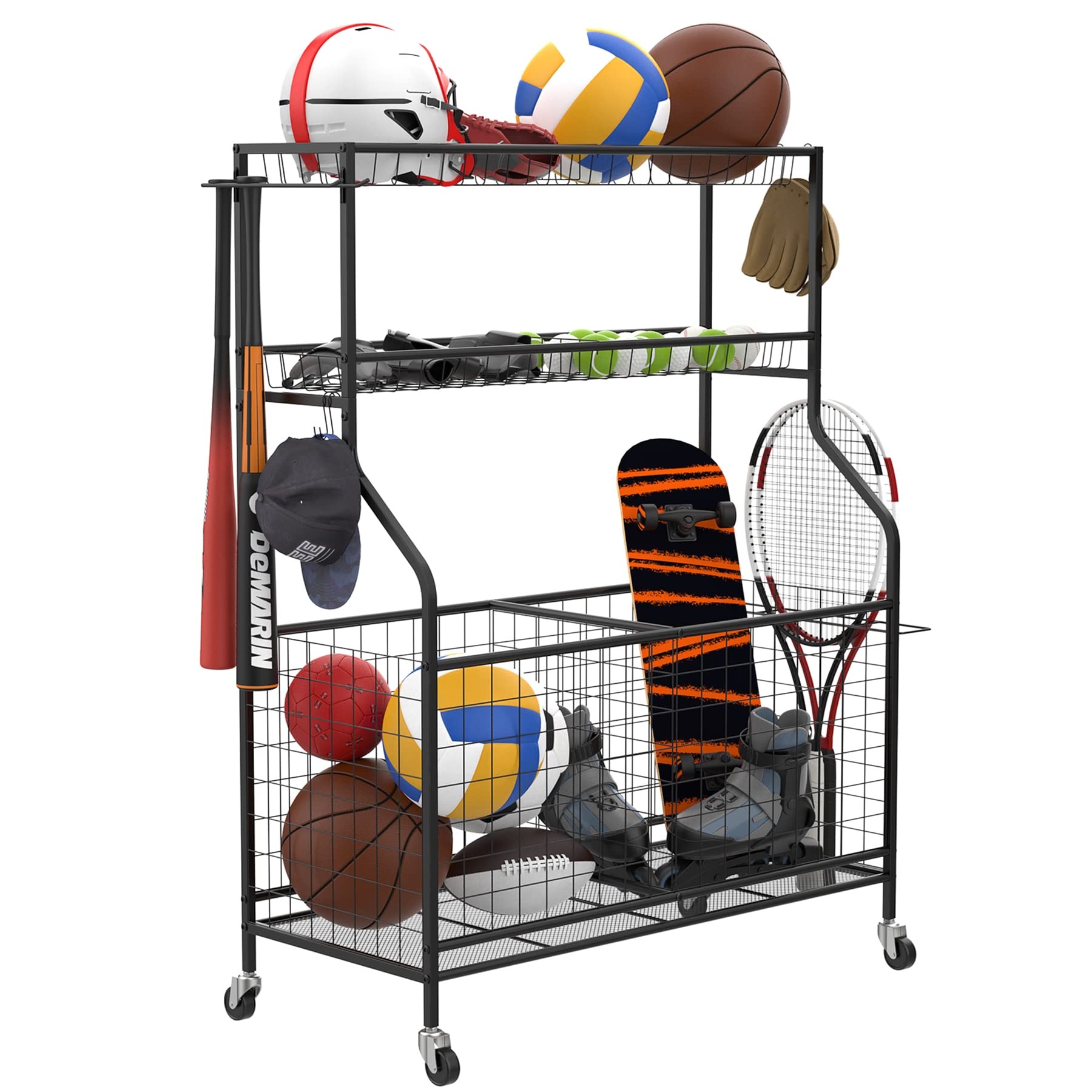 Garage Ball and Sports Equipment Organizer - Heavy Duty Ball Storage Rack for Indoor/Outdoor Use - Kids Toy Organizer with Rolling Wheels & Baskets - Perfect for Playrooms, Backyards, and Sports Gear Storage