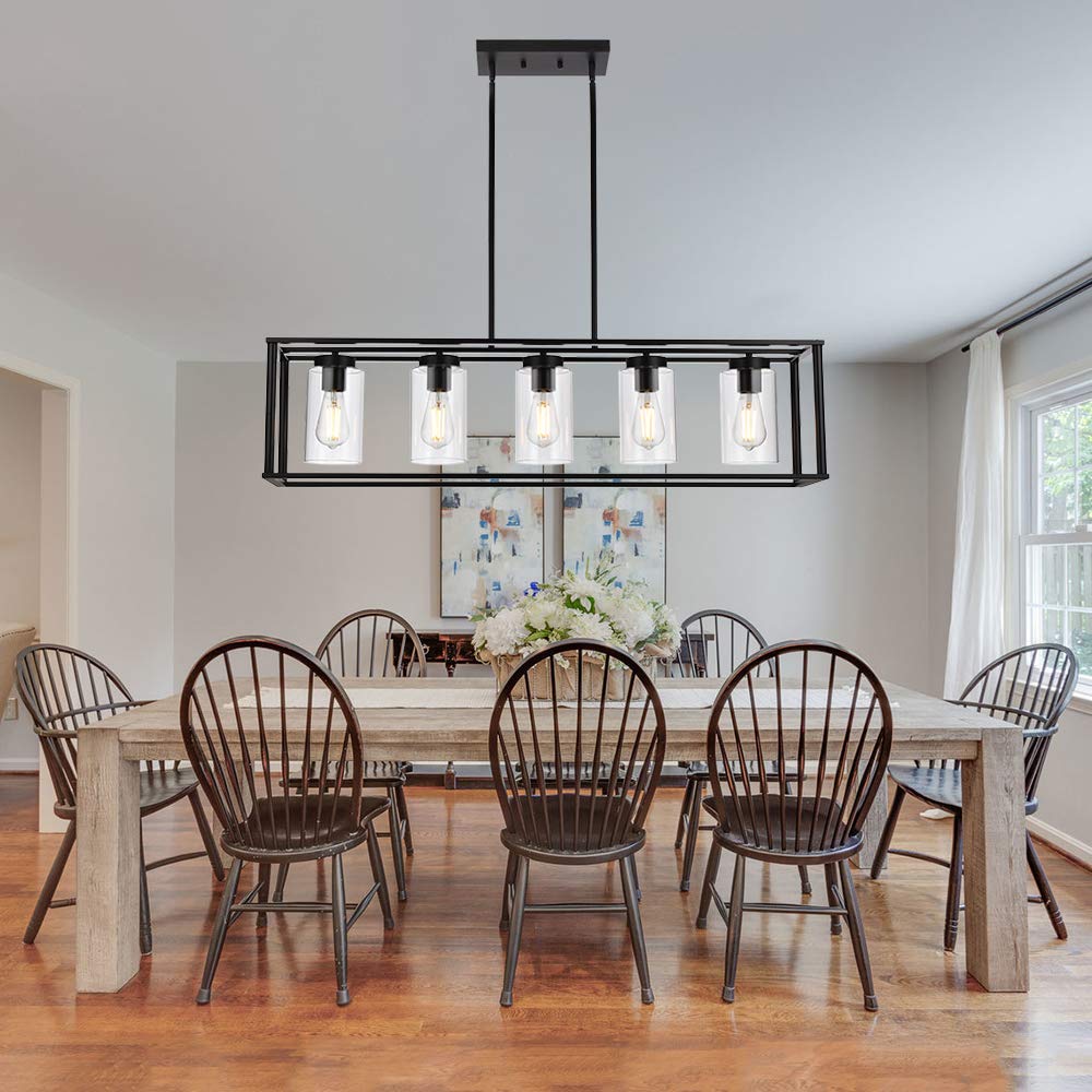 VINLUZ 5-Light Black Rectangle Farmhouse Chandelier - Adjustable Hanging Pendant Light with Glass Shade for Dining Room, Kitchen Island & Modern Home Decor | Rustic Industrial Ceiling Lighting Fixture