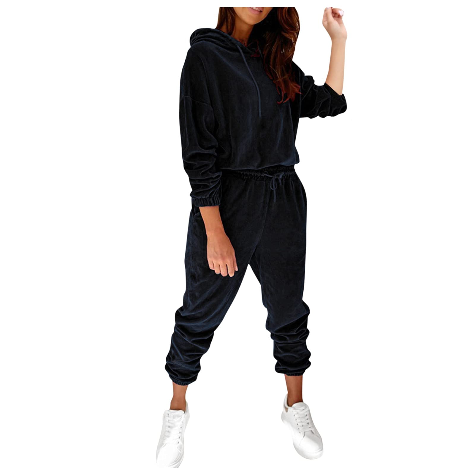 Women's Solid Color Hoodie and Jogger Sweatshirt Set - Long Sleeve Sportswear Outfit for Casual Wear, Gym & Lounge (Black, Large)