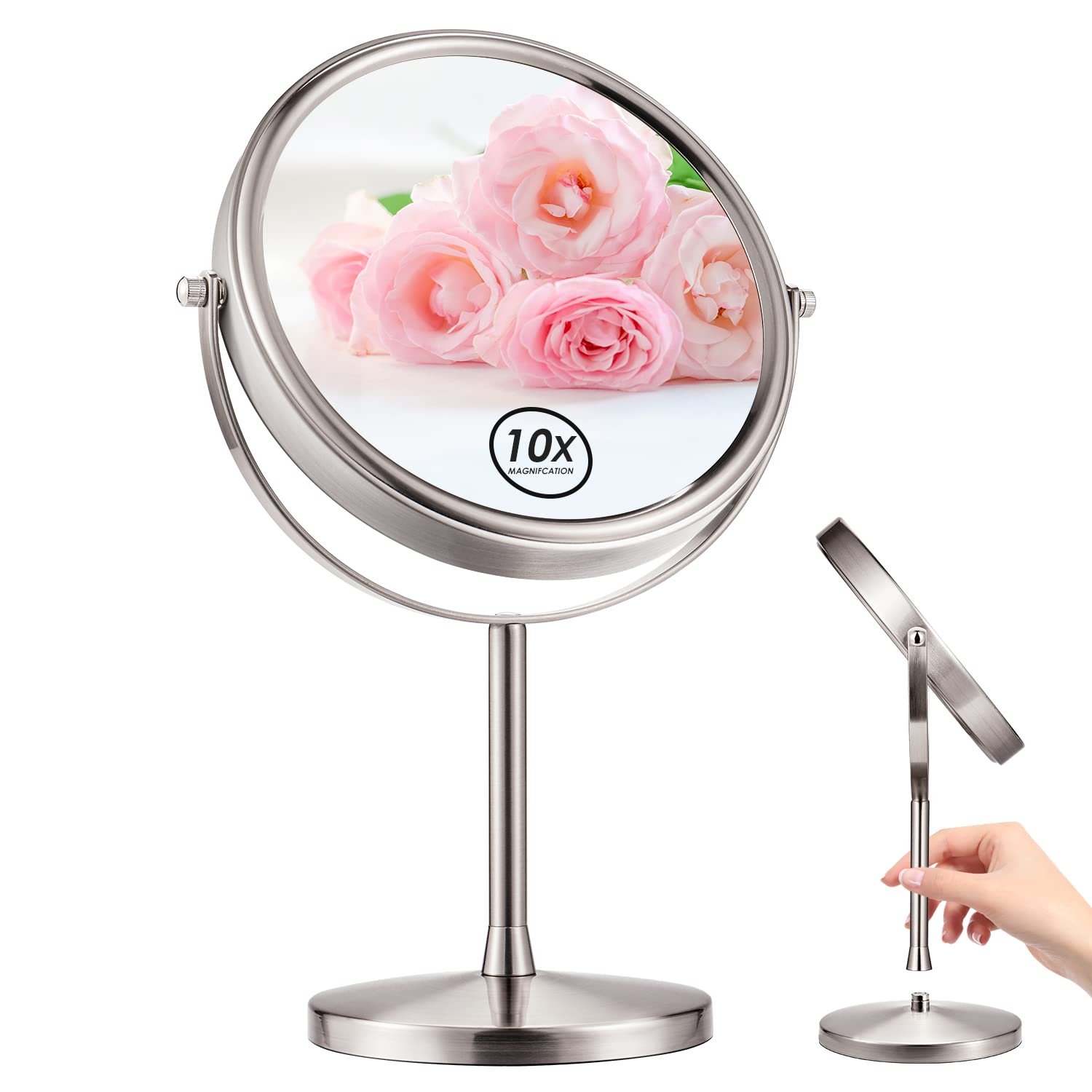 Professional 8-Inch Large Makeup Mirror with 1X/10X Magnification - Magnetic Removable Base & 360° Swivel - Travel Vanity Mirror in Pearl Nickel Finish | Perfect for Home, Travel & Salon Use - Ideal Gift for Women & Makeup Enthusiasts
