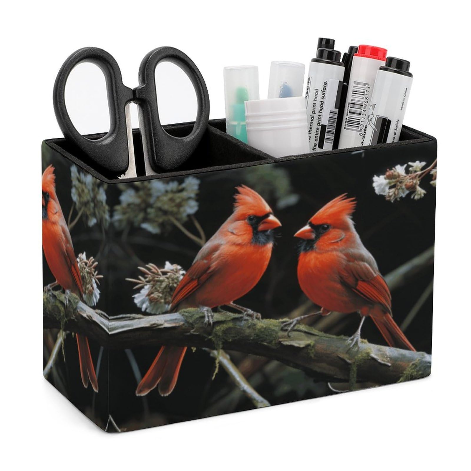 Premium Leather Pen Holder with 2 Compartments - Cardinals Birds Design Square Pencil Case for Home & Office Desk Organization - Perfect Gift for Writers, Students & Professionals
