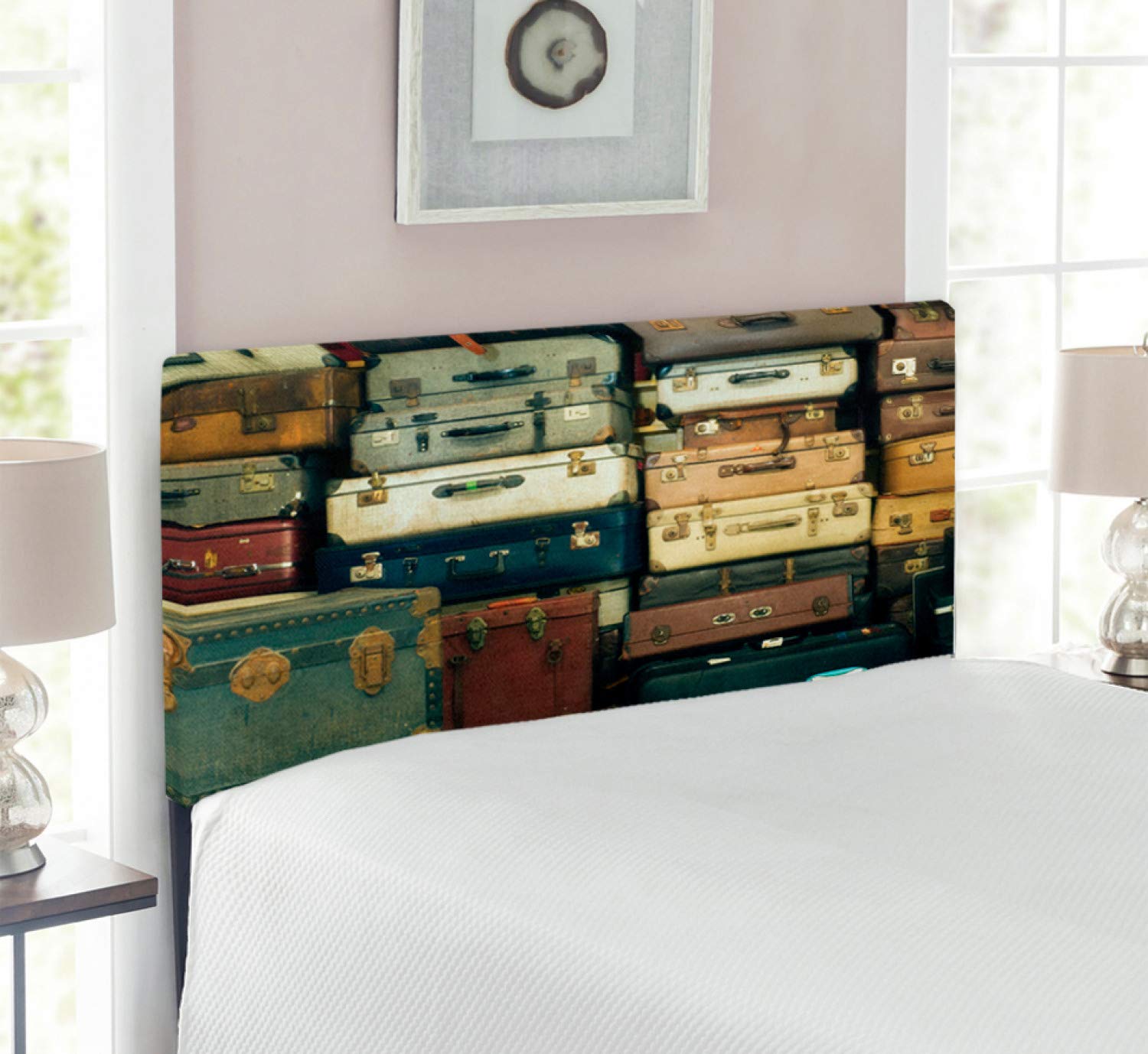 Vintage Suitcase Antique Leather Travel Map Print Upholstered Headboard - Twin Size Memory Foam Bed Headboard in Brown Cream Green | Nostalgic Decor for Bedroom, Guest Room & Dorm