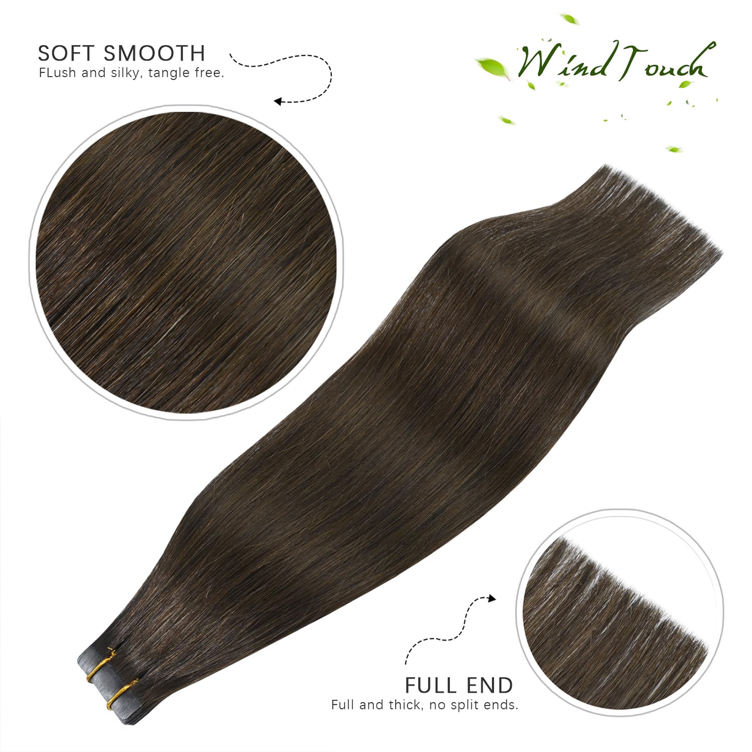 WindTouch 18 Inch Tape in Hair Extensions - 100% Real Human Hair, #4 Brown Chocolate, 20pcs (40g) - Seamless Blending for Everyday Wear & Special Occasions