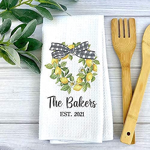 Personalized Lemon Wreath Waffle Weave Dish Towel - Custom Kitchen Towel for Housewarming & Wedding Gifts - Perfect for Farmhouse Decor, Lemon-Themed Kitchens, and Hostess Gifts