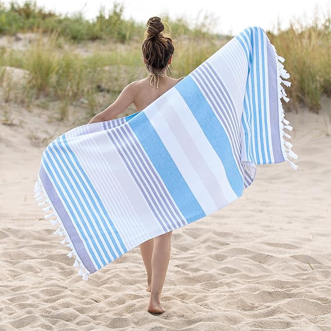 Meera Stripe Fouta 2-Piece Beach Towel Set with Tassels | Soft Quick-Dry Turkish Cotton Towels for Pool, Beach, Yoga & Spa | Perfect Summer Accessories