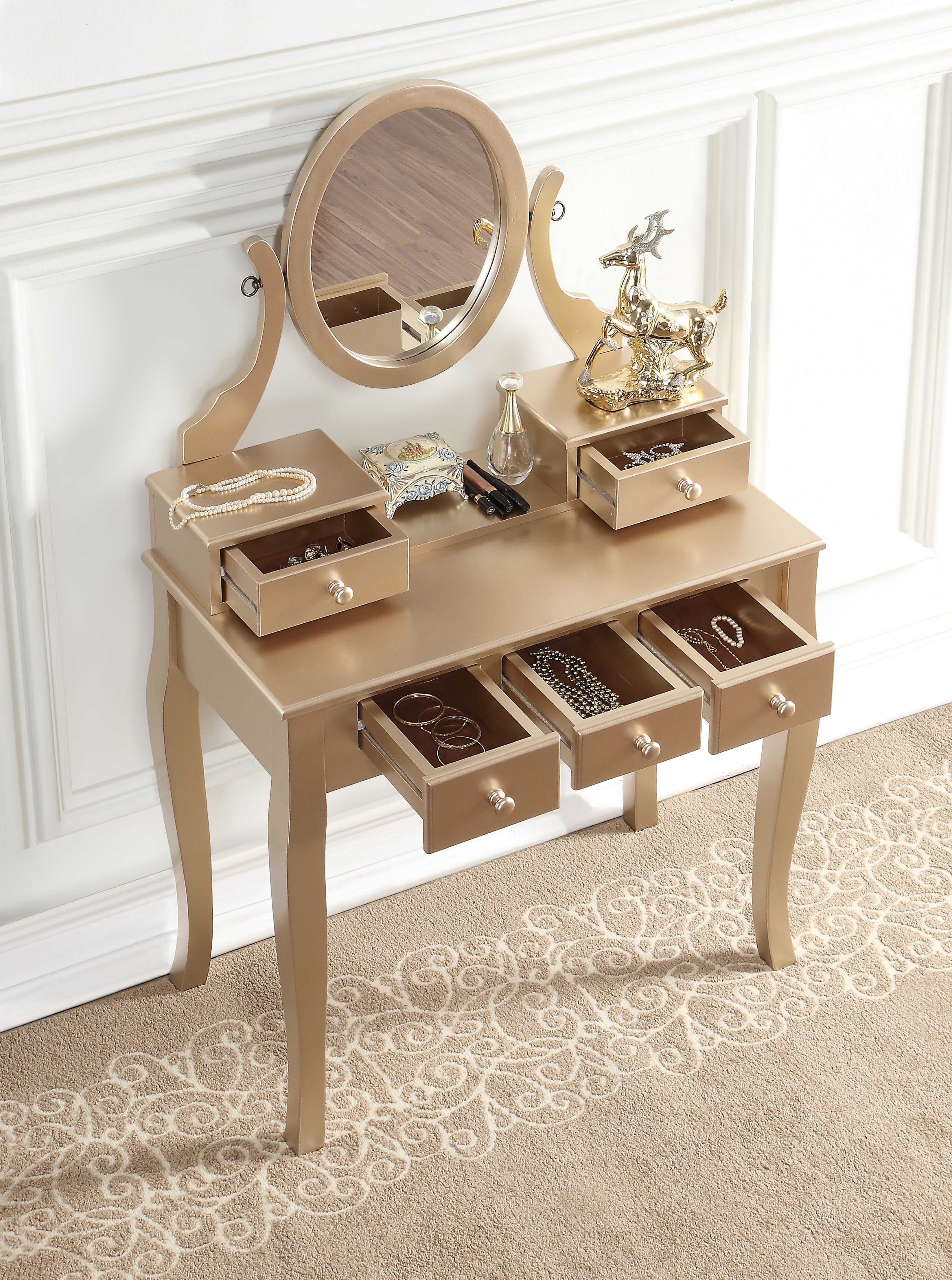 Ashley Wood Makeup Vanity Table and Stool Set with Mirror - Gold Finish | Elegant Dressing Table for Bedroom, Bathroom & Salon | Perfect for Makeup, Skincare & Jewelry Organization