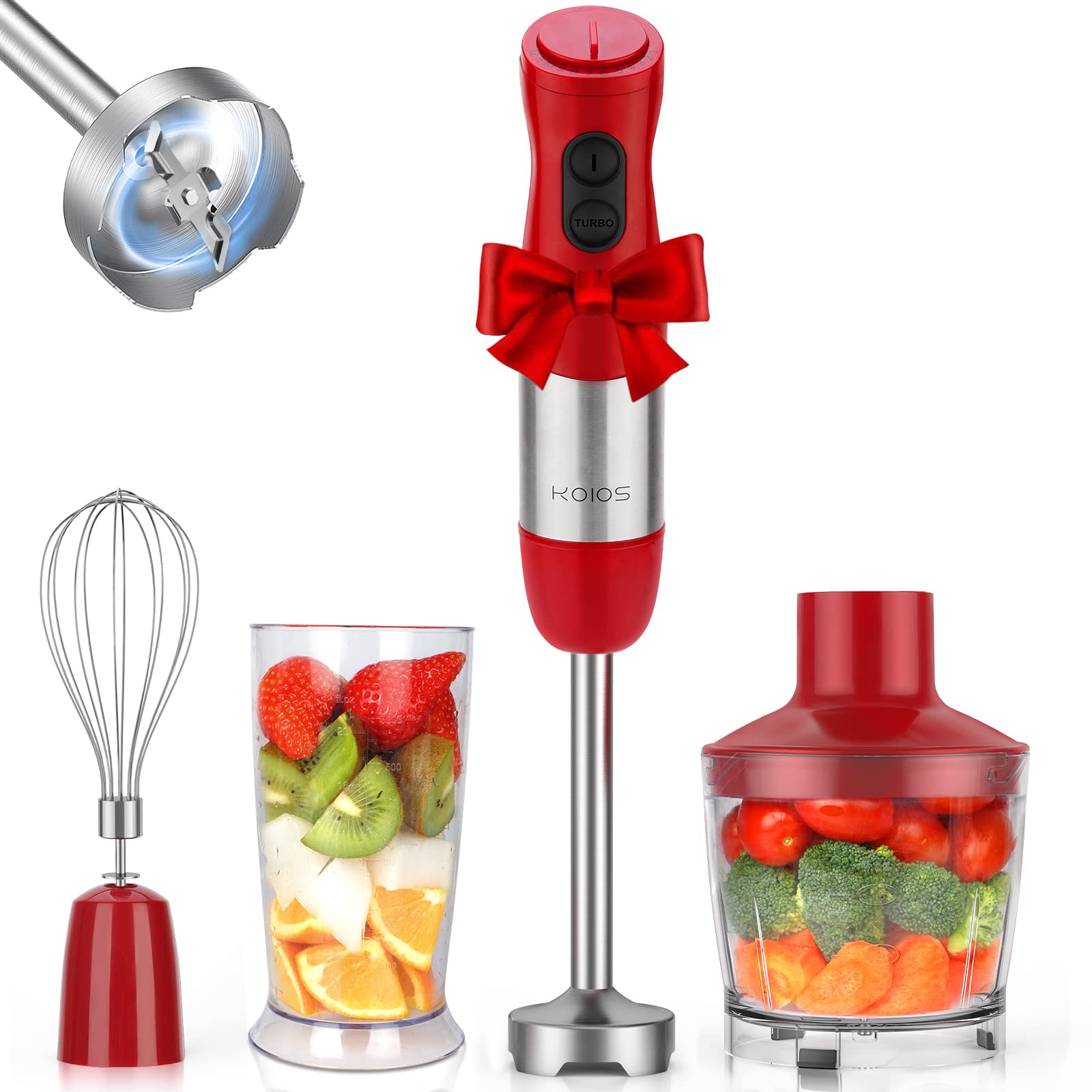 KOIOS 800W 4-in-1 Immersion Hand Blender with 12 Speed Settings, 304 Stainless Steel Shaft & Titanium Coating - Includes 600ml Mixing Cup, 500ml Food Chopper & Whisk Attachment - BPA-Free Kitchen Blender (Red) - Perfect for Smoothies, Soups, Baby Food & Baking